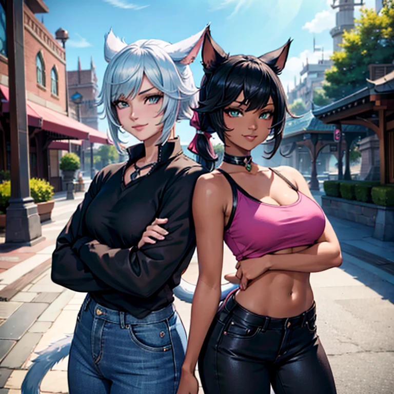 1girl, Miqo'te Final Fantasy 14, wears Black jeans, a black top, Crossing arms, Black hair with Pink highlights, Cyan eyes, Ponytail, Black skin tone, in a casino, cat tail; Portrait, smiling face, tribal mark, outdoor scene,