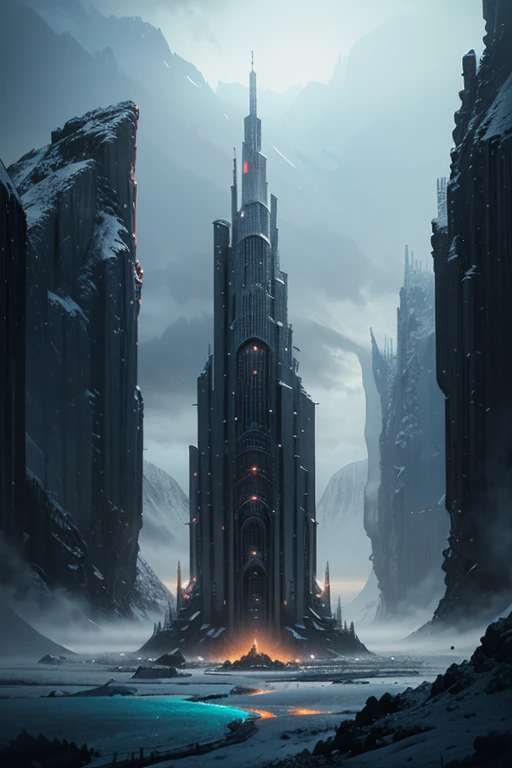 there is a large mountain with a very tall structure in the middle of it, concept art by Christopher Balaskas, cgsociety contest winner, conceptual art, sci fi digital painting, sci-fi digital painting, dramatic concept art, mystical sci-fi concept art, sci fi landscape, concept art futuristic norse, scifi landscape, industrial futuristic ice mine, concept arts