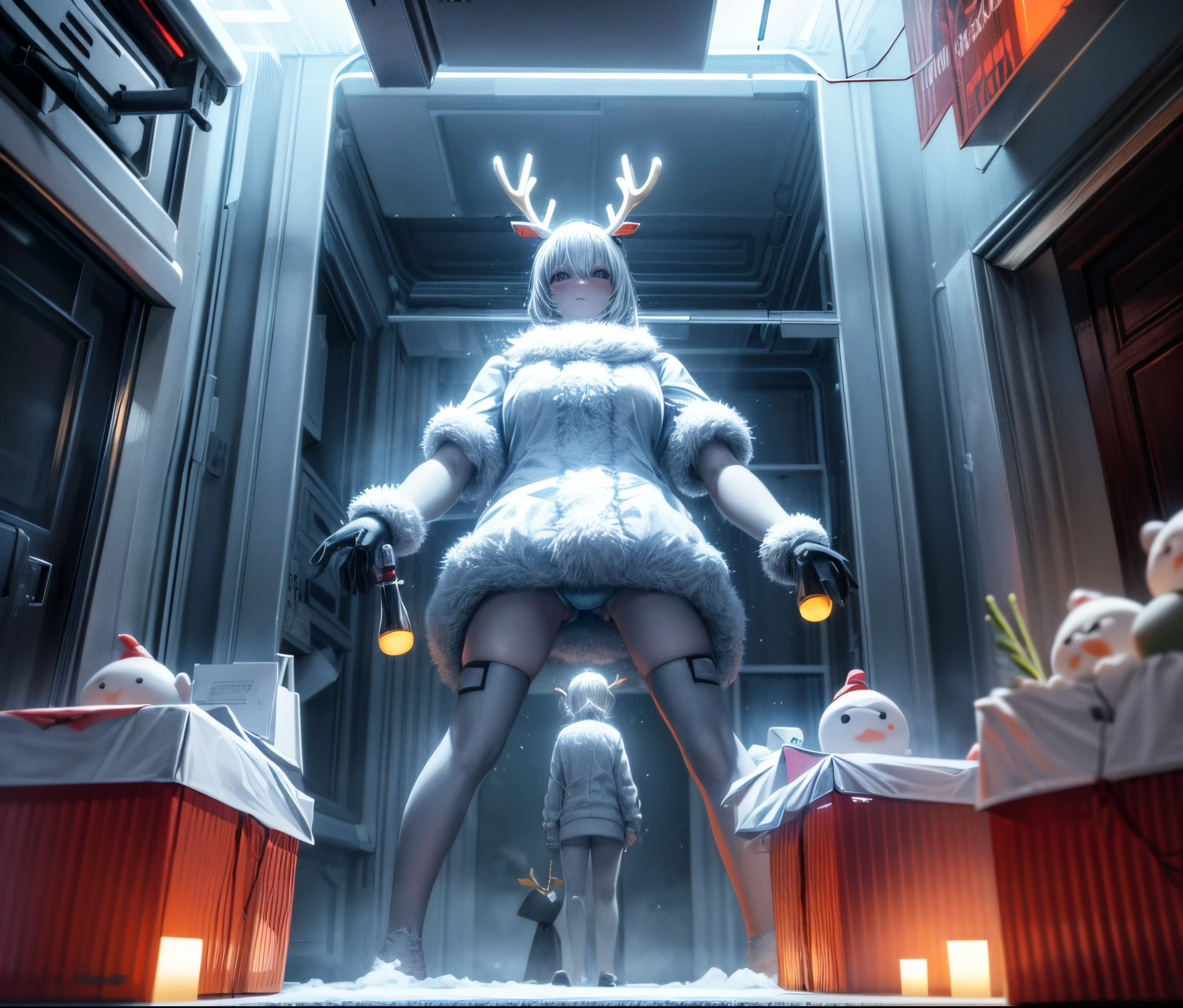 Reindeer, (blind box toy style:1.2), nuttcraker toy, (Full Body Shot) , 1 Transparent Santa claus, Behind him is a snowman and reindeer, snowflakes, Transparent mecha, Exquisite Helmet:1.2, glowing goggles:1.2, Cyberpunk, Dreamy Glow, Luminous neon lamp, clean, white background, ( Global illumination, raytracing, HDR, unreal render,reasonable design, high detailed, masterpiece, best quality, UHD, Cinematic Lighting)