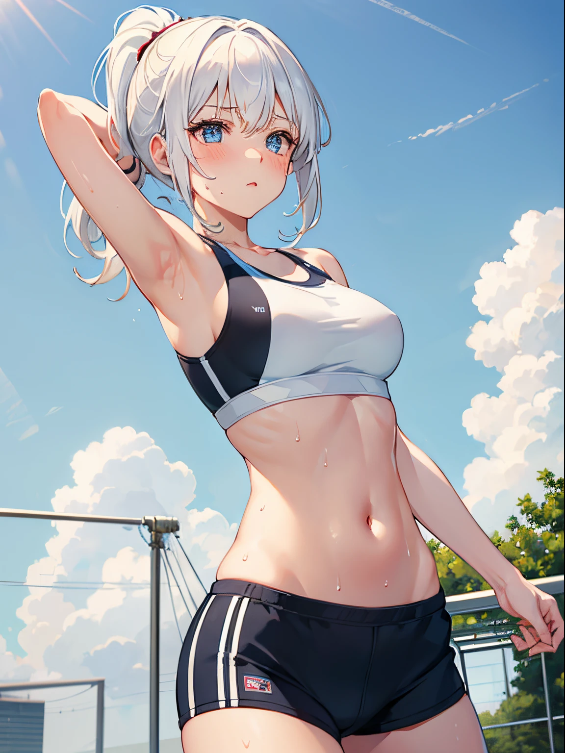 1girl in, Medium White Hair, Beautiful sky blue eyes, Pony tail,   Cute, blush, medium breasts⁩, running, white sports bra, morning, park, sweat