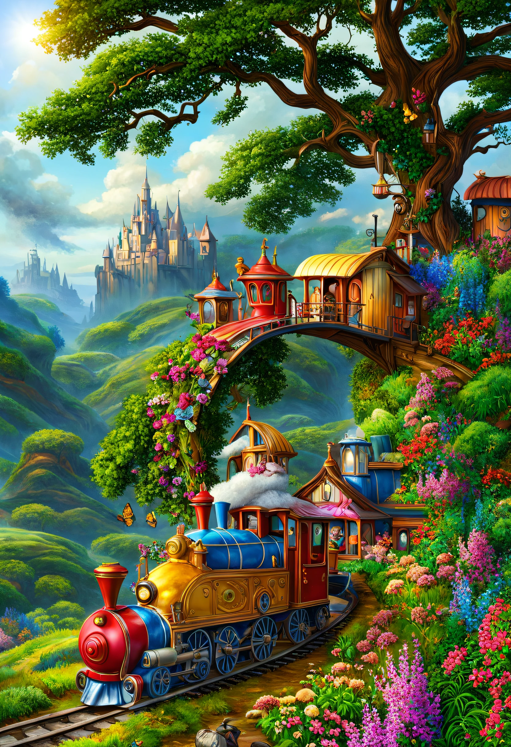 a magic train with carriages travels through a fairyland and carries fairy-tale dwarfs and fairies, a colorful world, magic, butterflies, flowers, trees, Pixar cartoon style, the work of a master, a masterpiece, high detail, bright colors, high definition, depth of field, high resolution