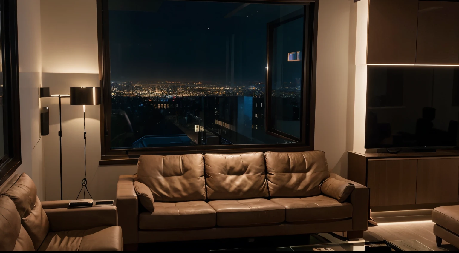 cinematic still from a living room, modern, a sofa, illuminated shelf, large windows, at night cinematic lights, UHD 8k, ultra realistic