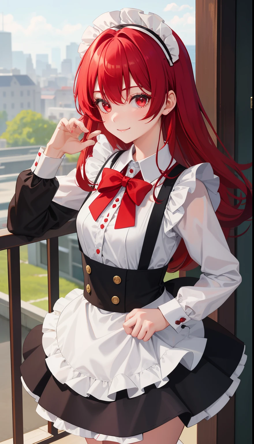 1girl in、AS-Adult、A smile、The shirt、Mini skirt、pantiy、(small tits)、doress、pinafore、Hair decoration、(Maid costume)、Walking with a thigh、Upper body portrait、 red hair, red eyes, slanted eyes, bangs