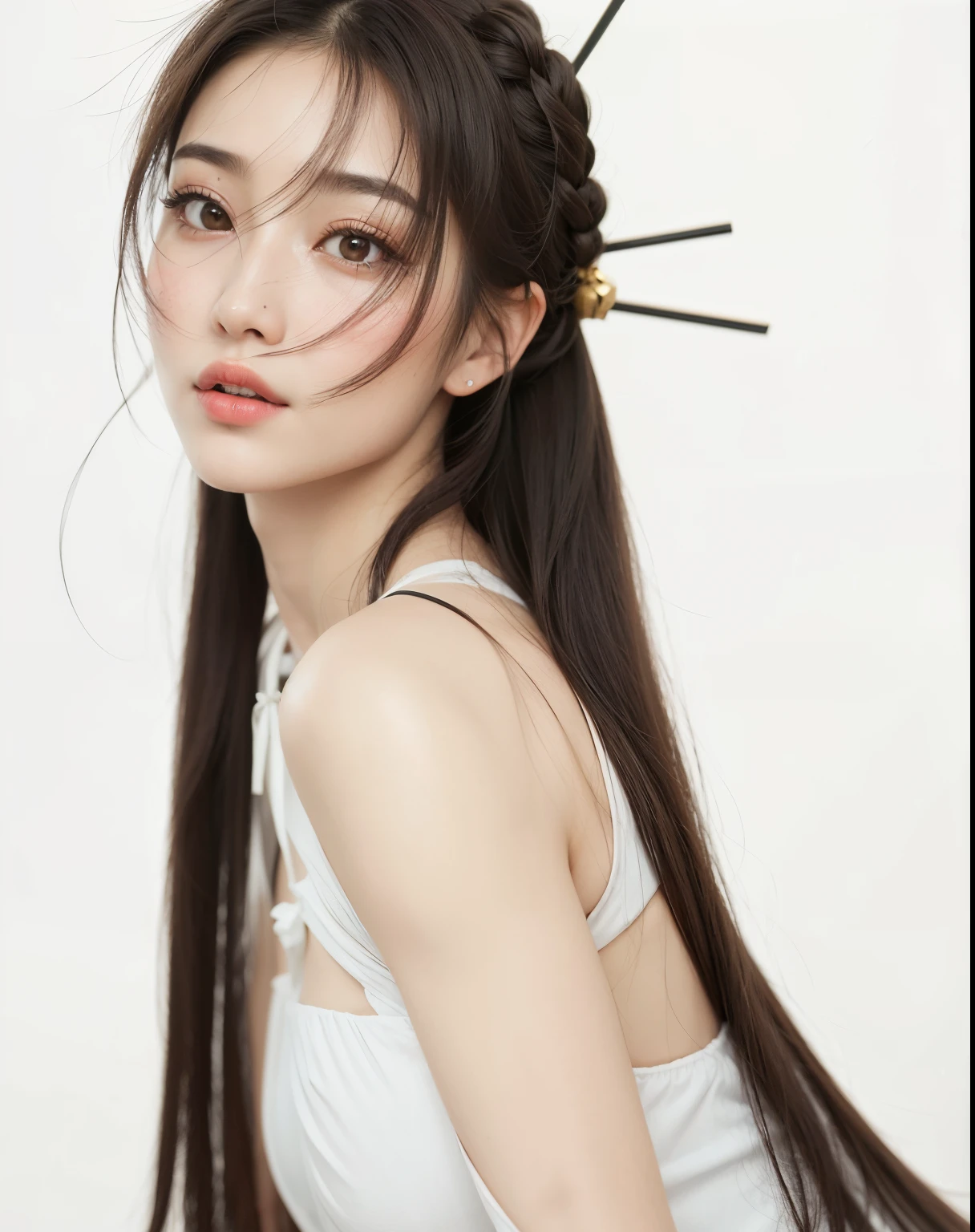 um close up de uma mulher com cabelos longos e um top branco, dilraba dilmurat, Asian girl with long hair, Mulher sul-coreana bonita, penteado liso, gorgeous chinese model, Xintong Chen, Menina chinesa, branco hime corte penteado, Bae Suzy, mulher coreana jovem bonita, penteado pigtails, menina coreana, Ruan Jia Lindo!