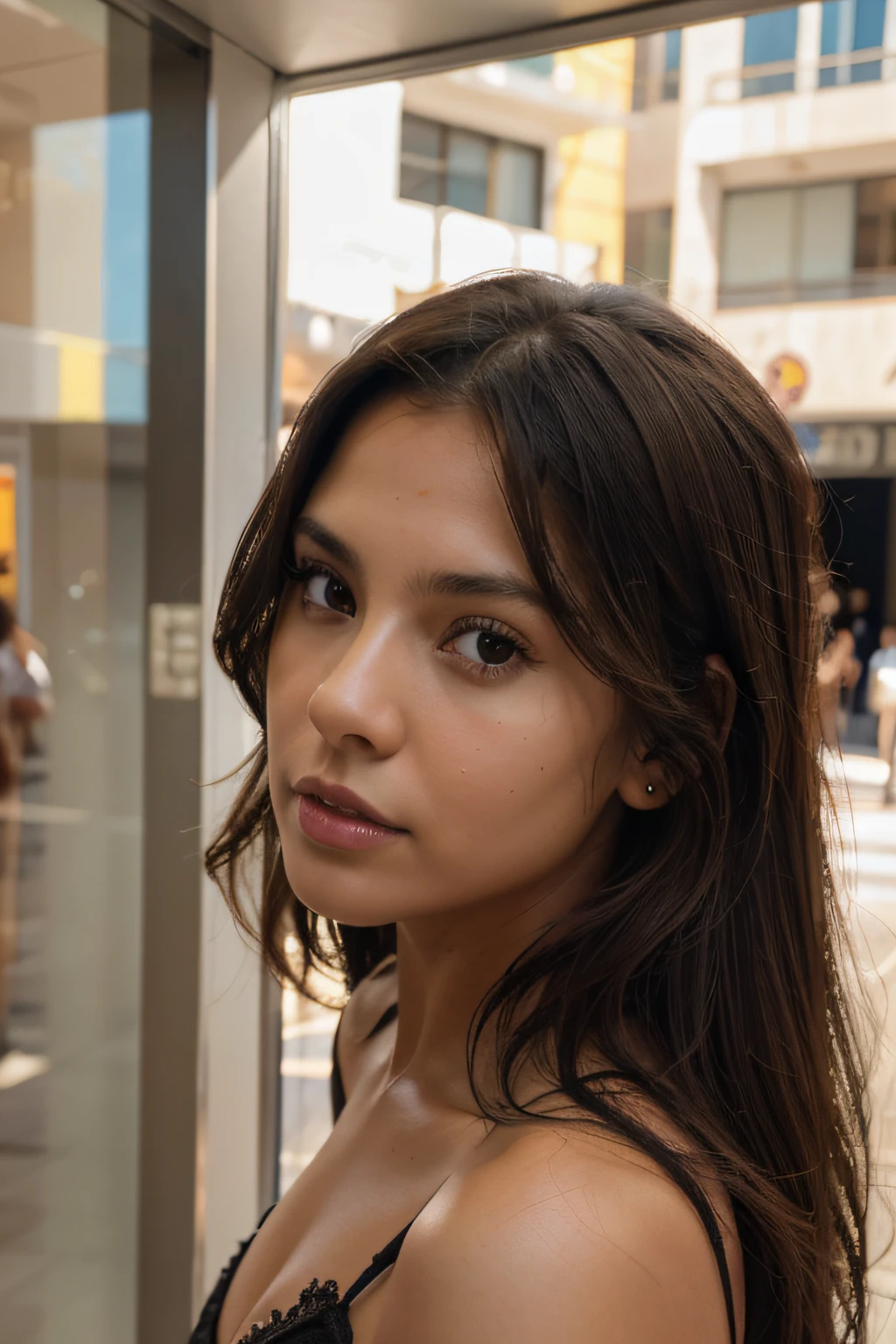 Brown hair color, Mujer latina blanca, cabello largo rizado, tiny breast, en el centro comercial, Selfie de cerca, cara seria, Cabeza ligeramente inclinada, Manga larga negra, sin sujetador, 8k, High detail, very vivid portrait photo, very real, fragile and real details, translucent and real colors in retrospect, every detail in (((8k))),
