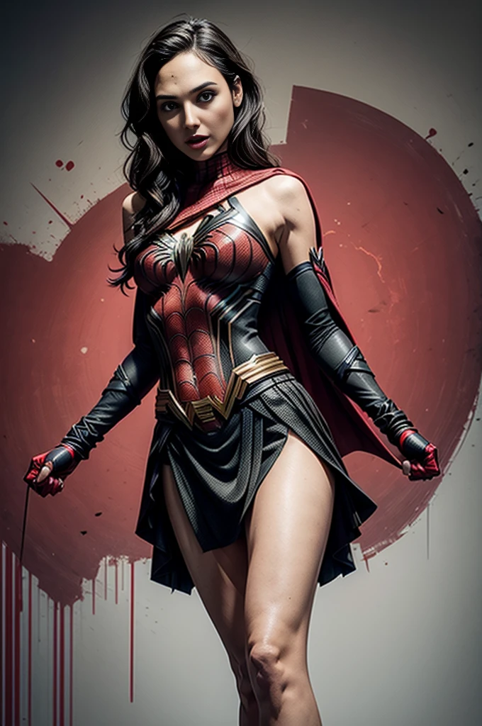 Gal Gadot、Sticking out the navel、newyork、She wears a torn Spider-Man suit,wearing skirt、 Red and black color scheme,Dynamic、​masterpiece、top-quality、ultra-detailliert、ighly detailed、beautiful detailed brilliance、超A high resolution