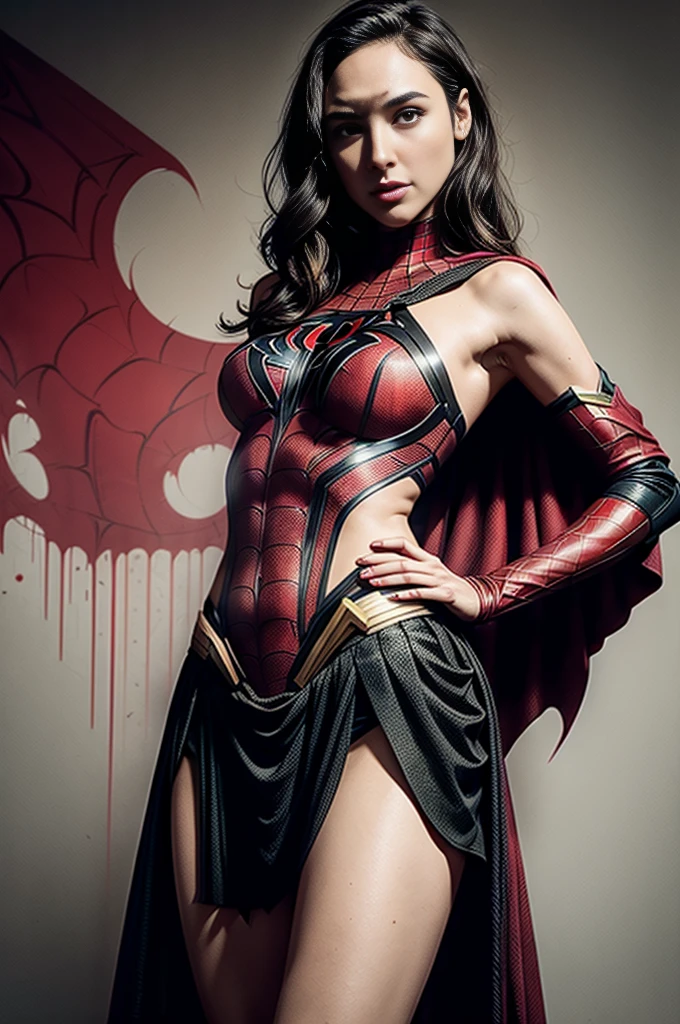 Gal Gadot、Sticking out the navel、newyork、She wears a torn Spider-Man suit,wearing skirt、 Red and black color scheme,Dynamic、masterpiece、top-quality、ultra-detailliert、ighly detailed、beautiful detailed brilliance、超A high resolution