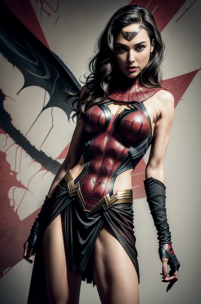 Gal Gadot、Sticking out the navel、newyork、She wears a torn Spider-Man suit,wearing skirt、 Red and black color scheme,Dynamic、​masterpiece、top-quality、ultra-detailliert、ighly detailed、beautiful detailed brilliance、超A high resolution