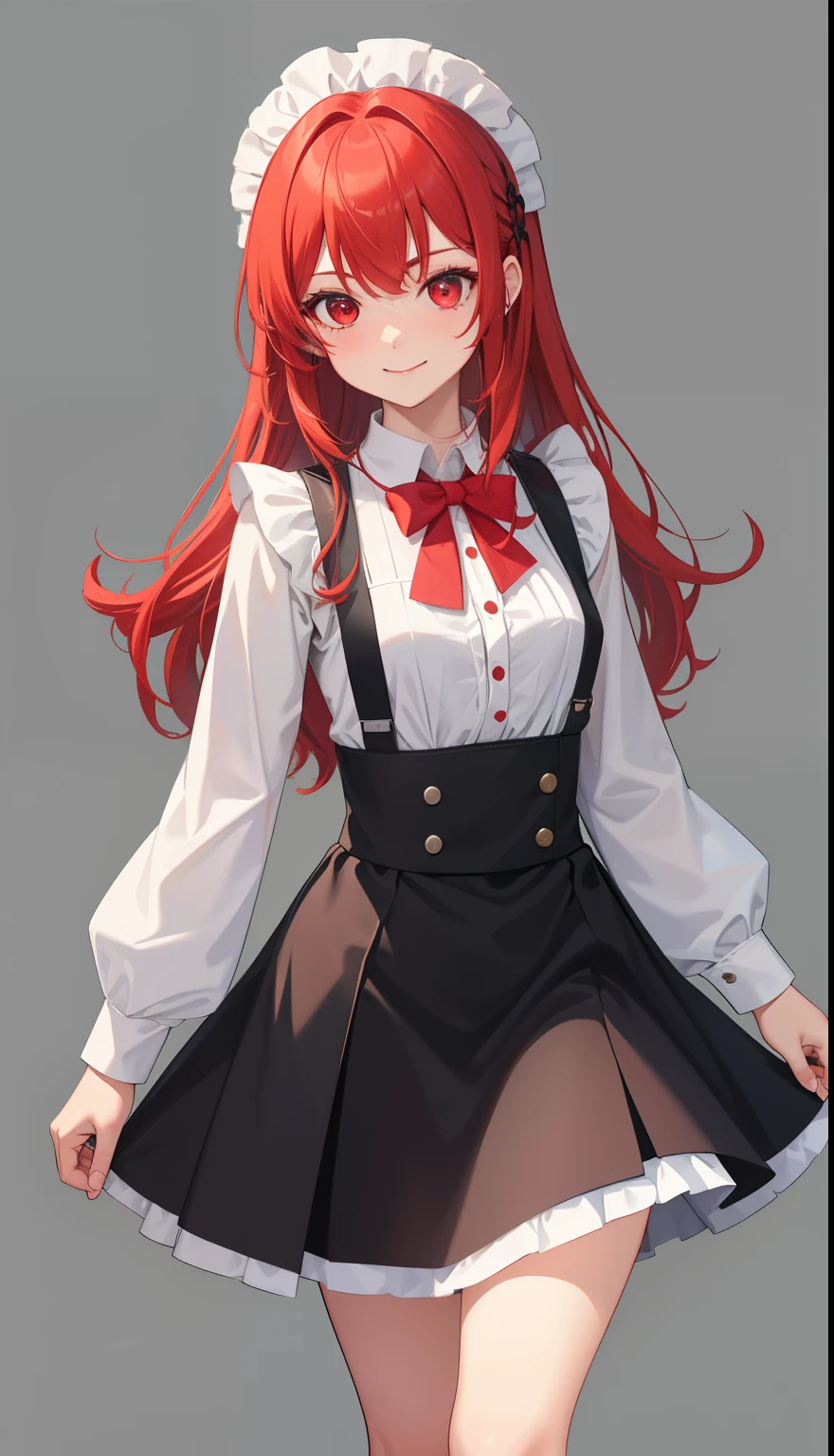 1girl in、AS-Adult、A smile、The shirt、Mini skirt、pantiy、(small tits)、doress、pinafore、Hair decoration、(Maid costume)、Walking with a thigh、Upper body portrait、 red hair, red eyes, slanted eyes, bangs