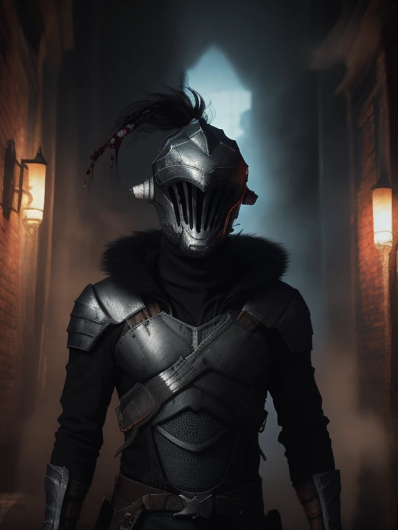 obra-prima, melhor qualidade, retrato de Guts, 1boy, olho flamejante, armadura, capacete, armadura preta, sangue, armadura completa, brilhante, olho brilhante, capacete, cavaleiro, foco masculino, pluma, solo, com sangue