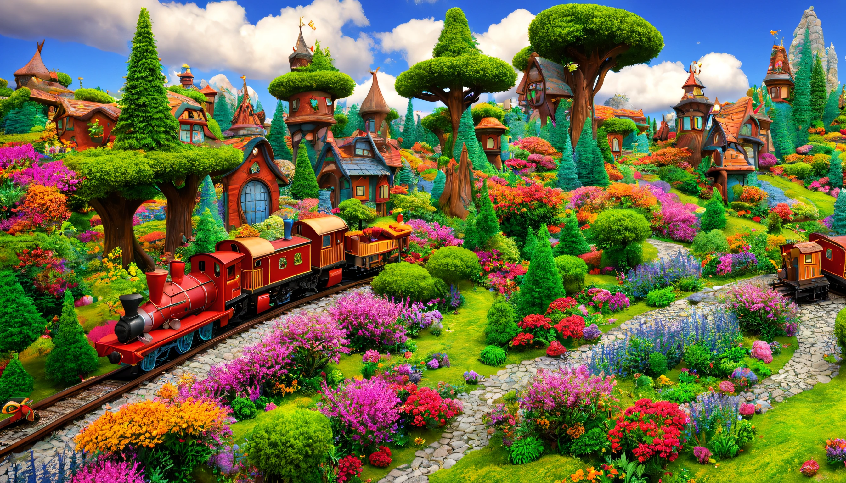 a magic train with carriages travels through a fairyland and carries fairy-tale dwarfs and fairies, a colorful world, magic, butterflies, flowers, trees, Pixar cartoon style, the work of a master, a masterpiece, high detail, high definition, depth of field, high resolution