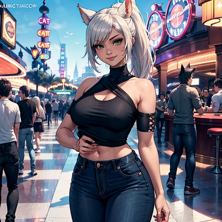 1girl, Miqo'te Final Fantasy 14, wears Black jeans, a black top, Crossing arms, Black hair , Green eyes, Ponytail, Black skin tone, in a casino, cat tail; Portrait, smiling face, tribal mark, outdoor scene,