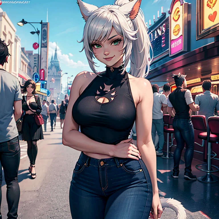 1girl, Miqo'te Final Fantasy 14, wears Black jeans, a black top, Crossing arms, Black hair , Green eyes, Ponytail, Black skin tone, in a casino, cat tail; Portrait, smiling face, tribal mark, outdoor scene,