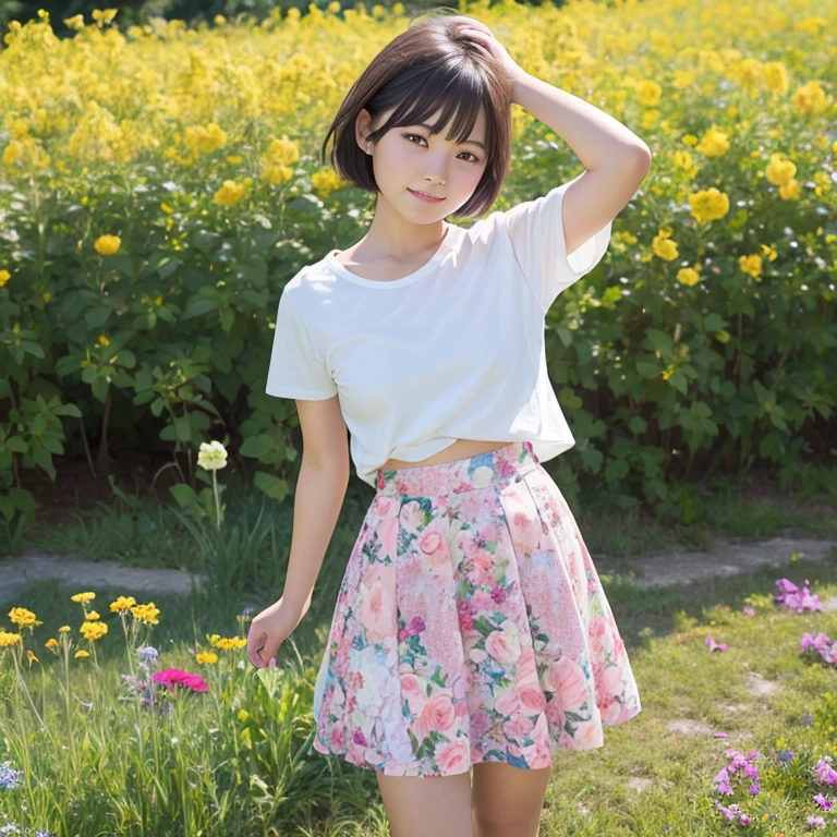 1womanl、age19、season、flower field、Shorthair、skirt by the、Yoshiko Akishino