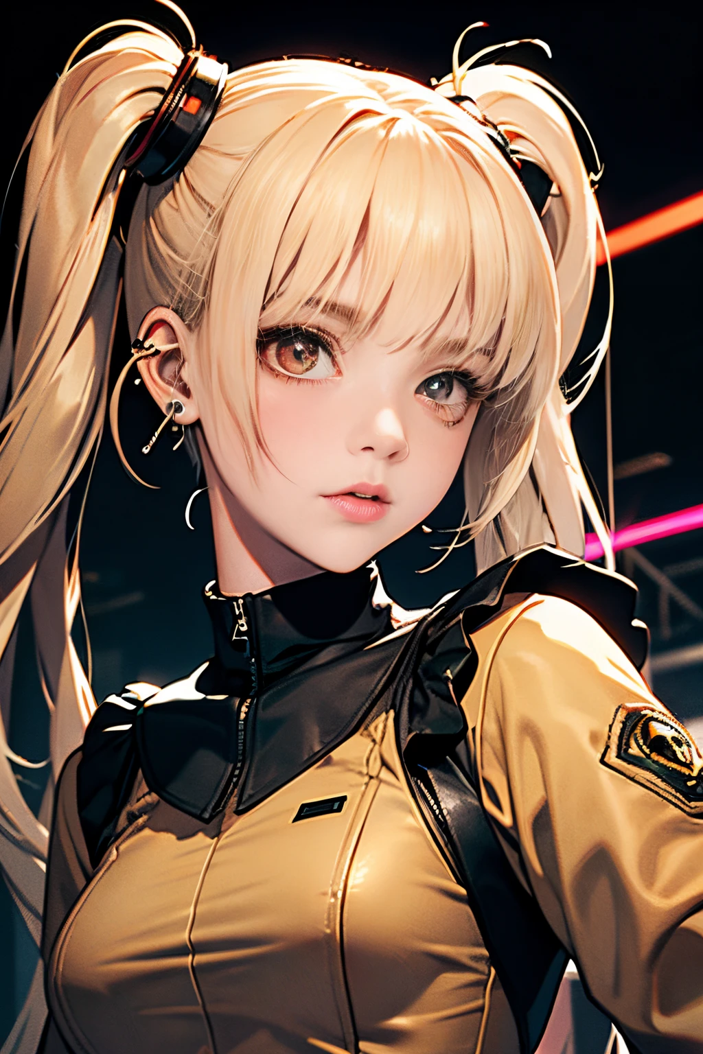 optimum，tmasterpiece，hight resolution，best qualtiy，hyper HD，super detailing，awardwinning，16 K，独奏，（The upper part of the body），anatomy correct，Beautiful cyberpunk girl，cute  face，，Gradient Beige Hair，Hairline，（（scarlet eyes）），long eyelasher，Hanging eye corners，White skin of the，（small tit），（Slim body），（（Uniforms and short jackets）），（），Ear studs，（neck rings），（Laser material clothing：1.2）