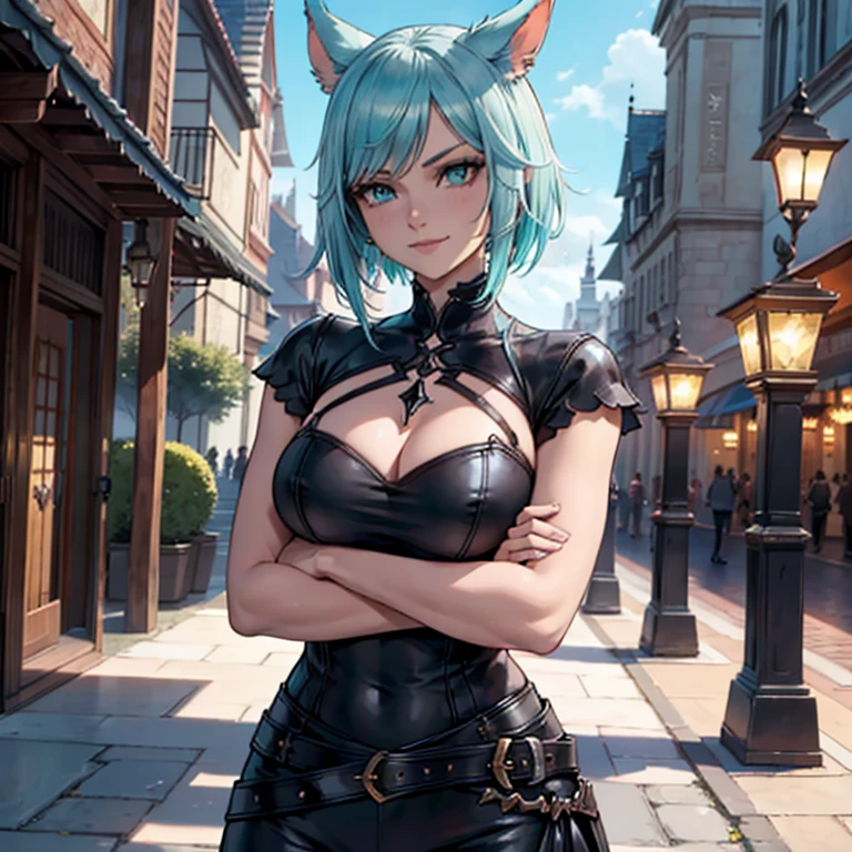 1fille, Miqo&#39;te Final Fantasy 14, porte un jean noir, un haut noir, arms crossed, Cheveux noirs avec des reflets roses, Yeux cyan, Queue, teint noir, dans un casino, queue de chat; portrait, visage souriant, marque tribale, outdoor scene,