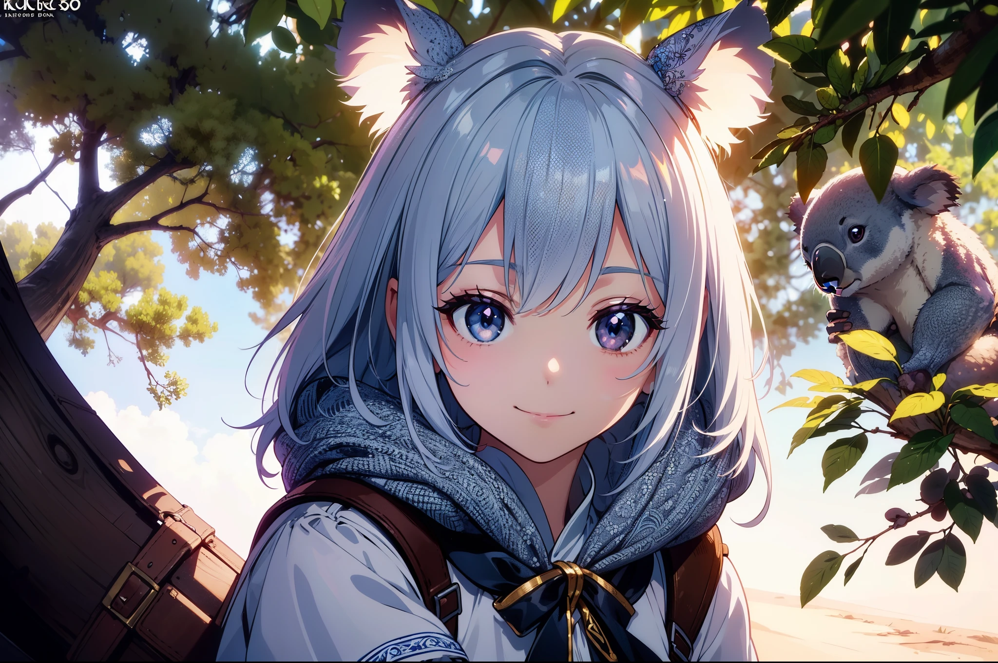 1 cute girl, ( Austrian traditional costume) ,(koala on tree ) , cowboy shot, close to viewer, character focus,cinematic lighting, smile , high resolution,(incredibly absurdres) ,extremely detailed CG unity 8k wallpaper, ((masterpiece)), ((top-quality)), (beautiful illustration,background Tento), ((an extremely delicate and beautiful))