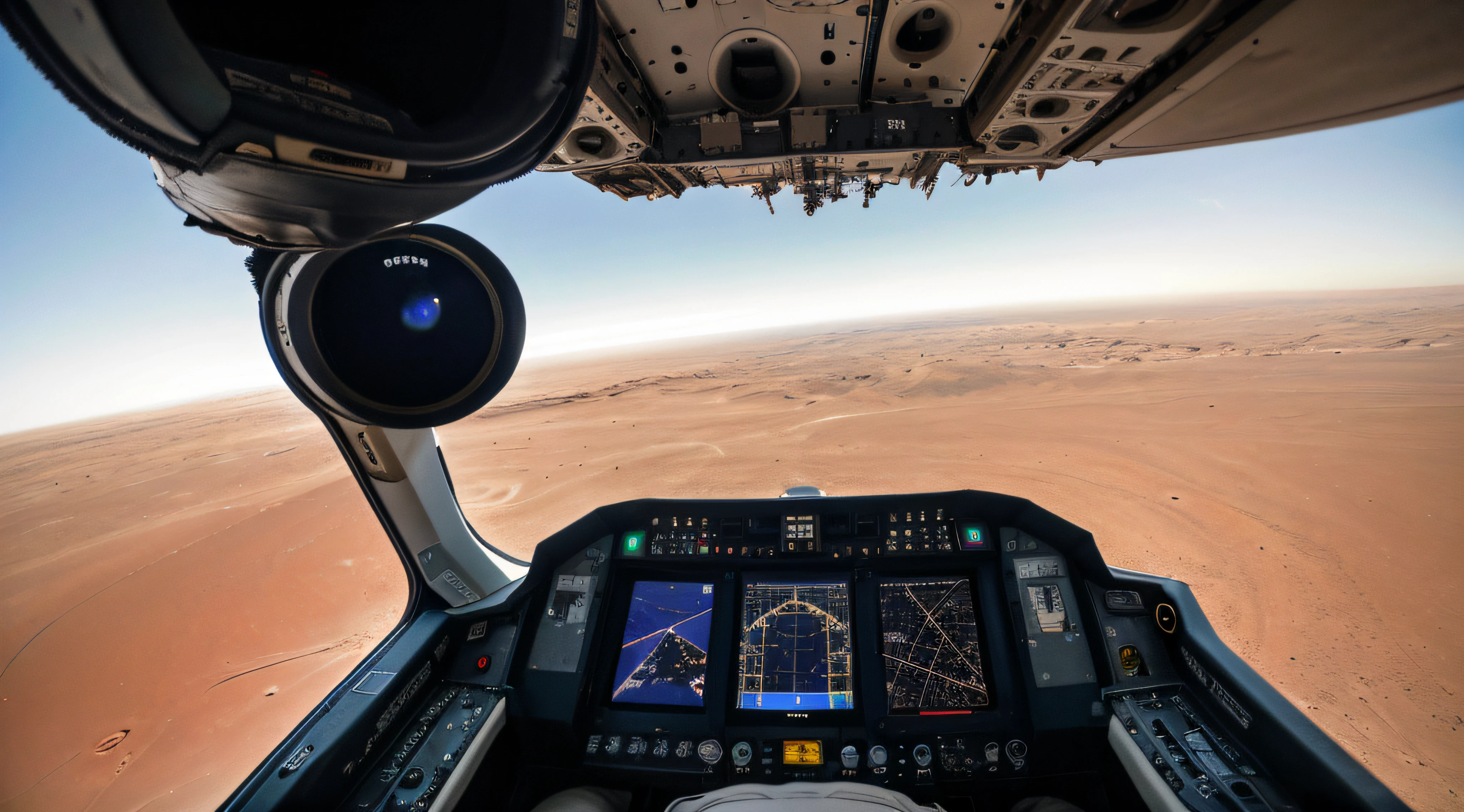 In the sky above Mars, the high-tech aircraft is docking with the space station. The metal texture is strong. The ultra-wide-angle lens makes the picture bright and realistic. The photography effect is