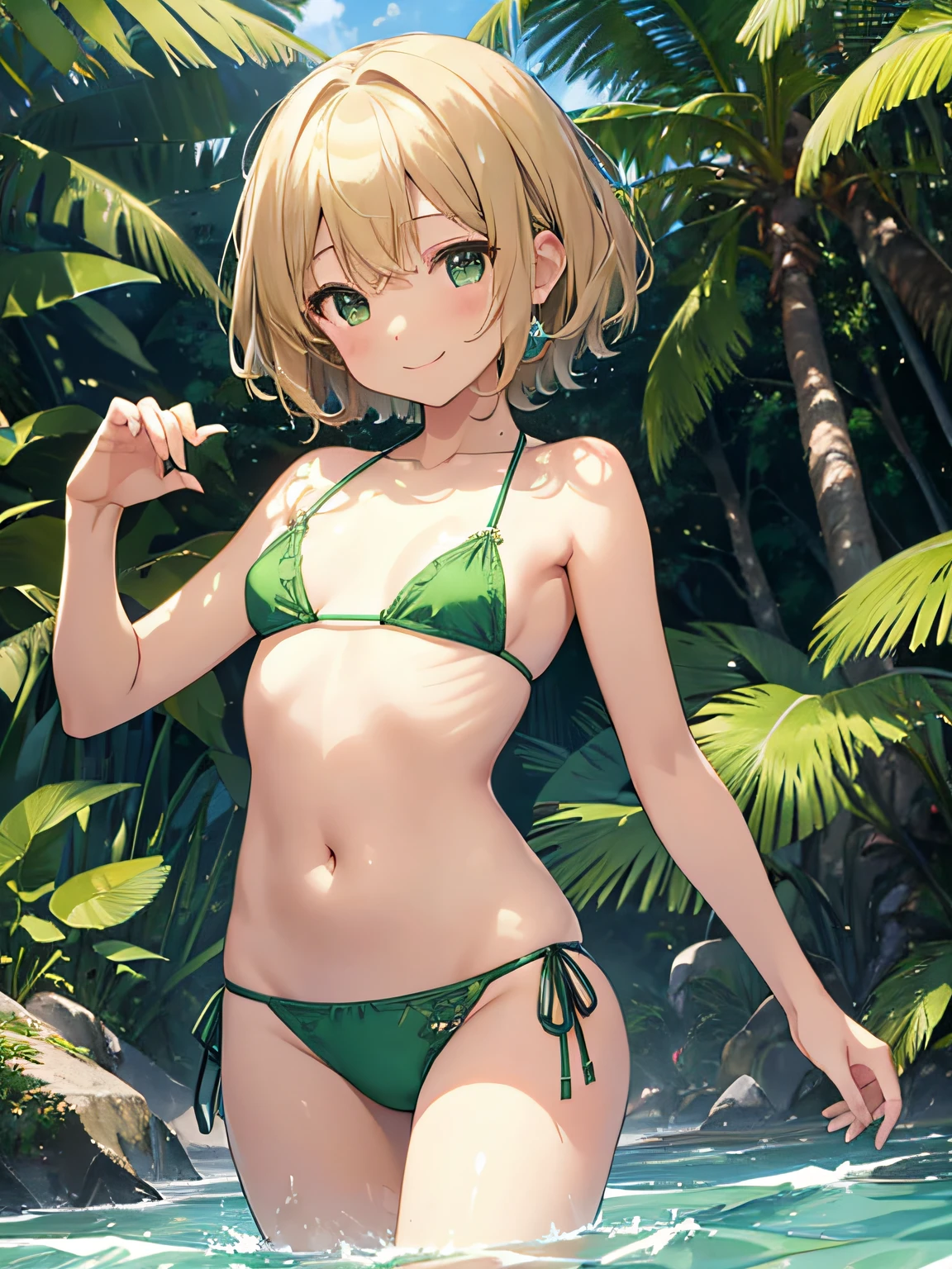 top-quality、extremely delicate and beautiful、Elementary school girls、5th grade elementary school、（（Green Micro Bikini））、mesugaki、A smile、a blond、(Brown skin)、Sea on jungle background、is standing、short-hair