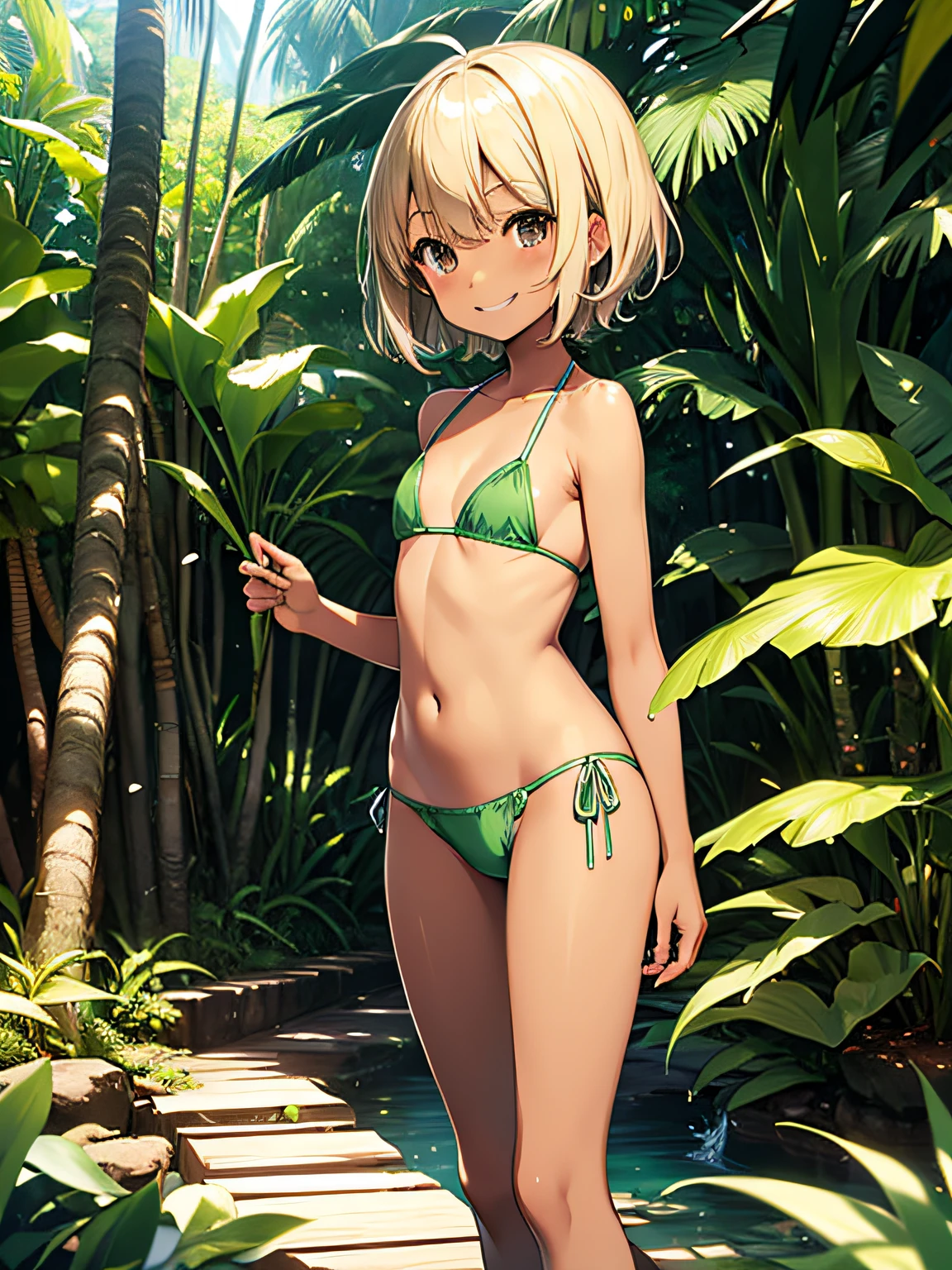 top-quality、extremely delicate and beautiful、 girls、5th grade elementkini））、mesugaki、A smile、a blond、(Brown skin)、Sea on jungle background、is standing、short-hair