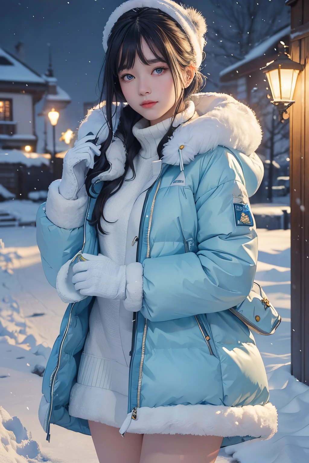 (masterpiece, highest quality),
It's snowing.
Composition of a woman standing under a snowy night sky. Her face is important.
Her eyes are bright green and her hair is light blue and white, long and fluffy.
She is wearing a down jacket and is putting on her gloves.