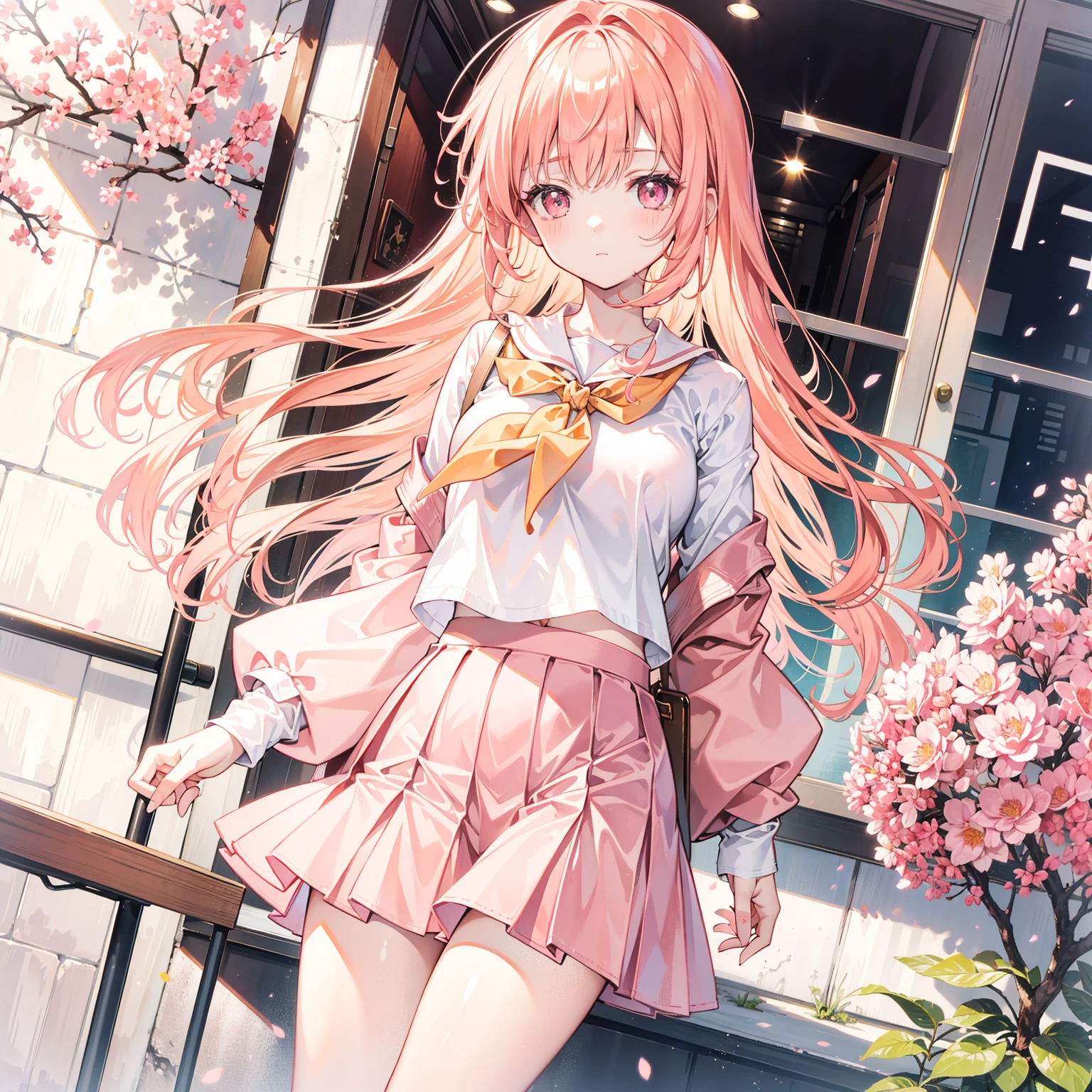 apricot hair color,Pale pink eyes,Apricot pink school top,Light pink hip skirt,A sweet girl