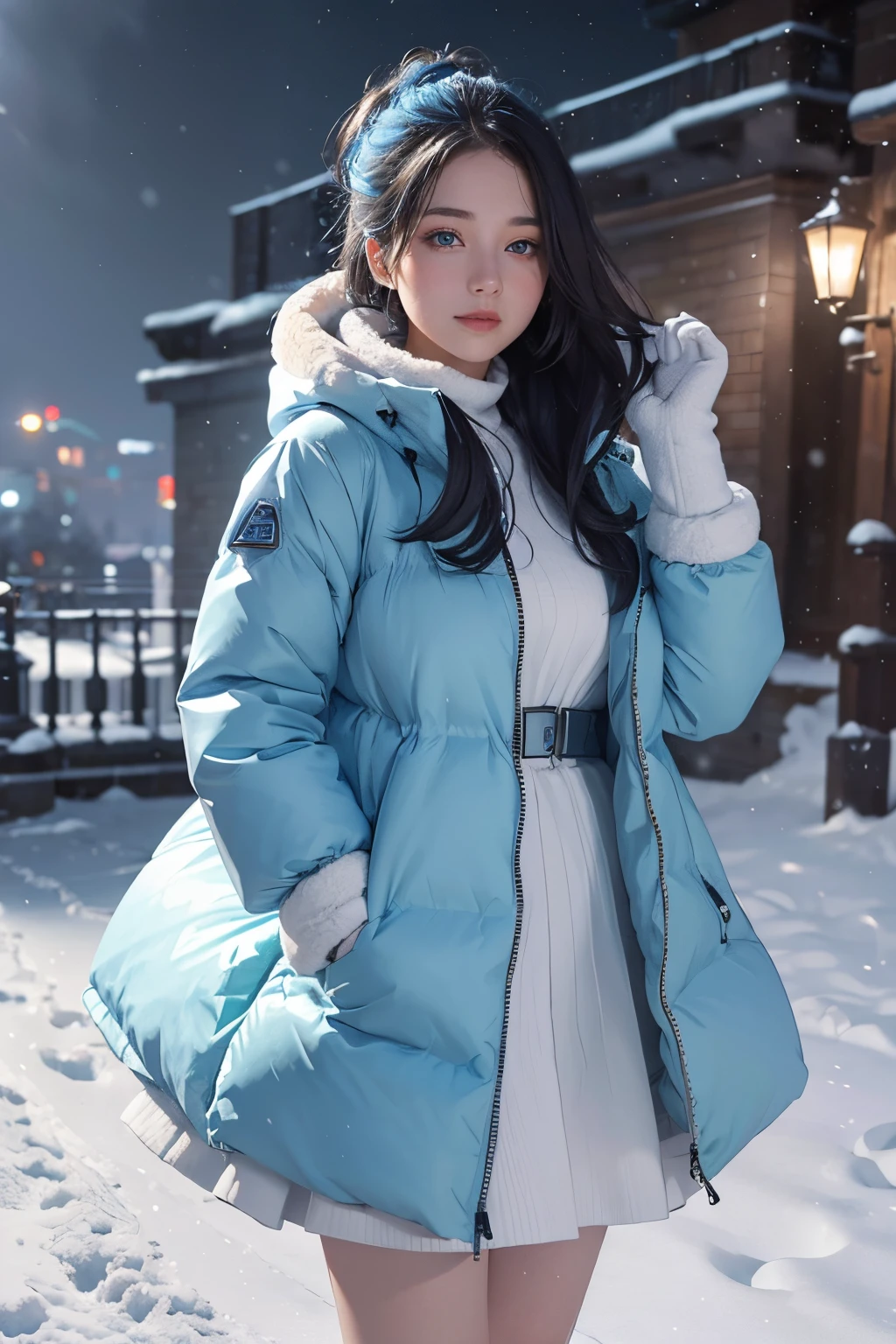 (masterpiece, highest quality),
It's snowing.
Composition of a woman standing under a snowy night sky. Her face is important.
Her eyes are bright green and her hair is light blue and white, long and fluffy.
She is wearing a down jacket and is putting on her gloves.