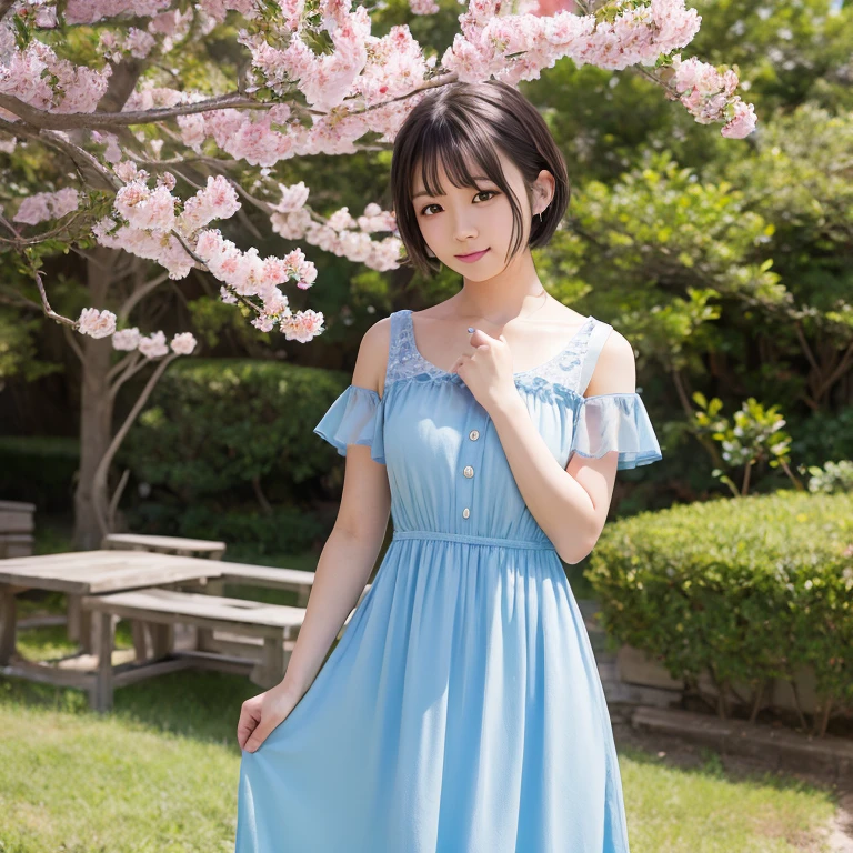 1womanl、age19、season、springtime、a park、Shorthair、dress、Yoshiko Akishino