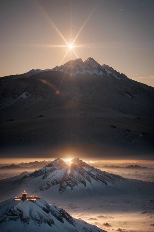 arafed mountain with a cross on top of it with a sun in the sky, inspired by Michal Karcz, inspired by jessica rossier, by jessica rossier, inspired by Michał Karcz, unreal engine 5 lighting, mount doom, solar flare unreal engine, unreal engine 5 lumen, beeple global illumination, sekiro mountain