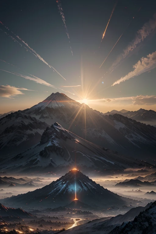 arafed mountain with a cross on top of it with a sun in the sky, a matte painting inspired by Michal Karcz, unsplash contest winner, digital art, unreal engine 5 lighting, mount doom, solar flare unreal engine, unreal engine 5 lumen, beeple global illumination, sekiro mountain, jessica rossier fantasy art