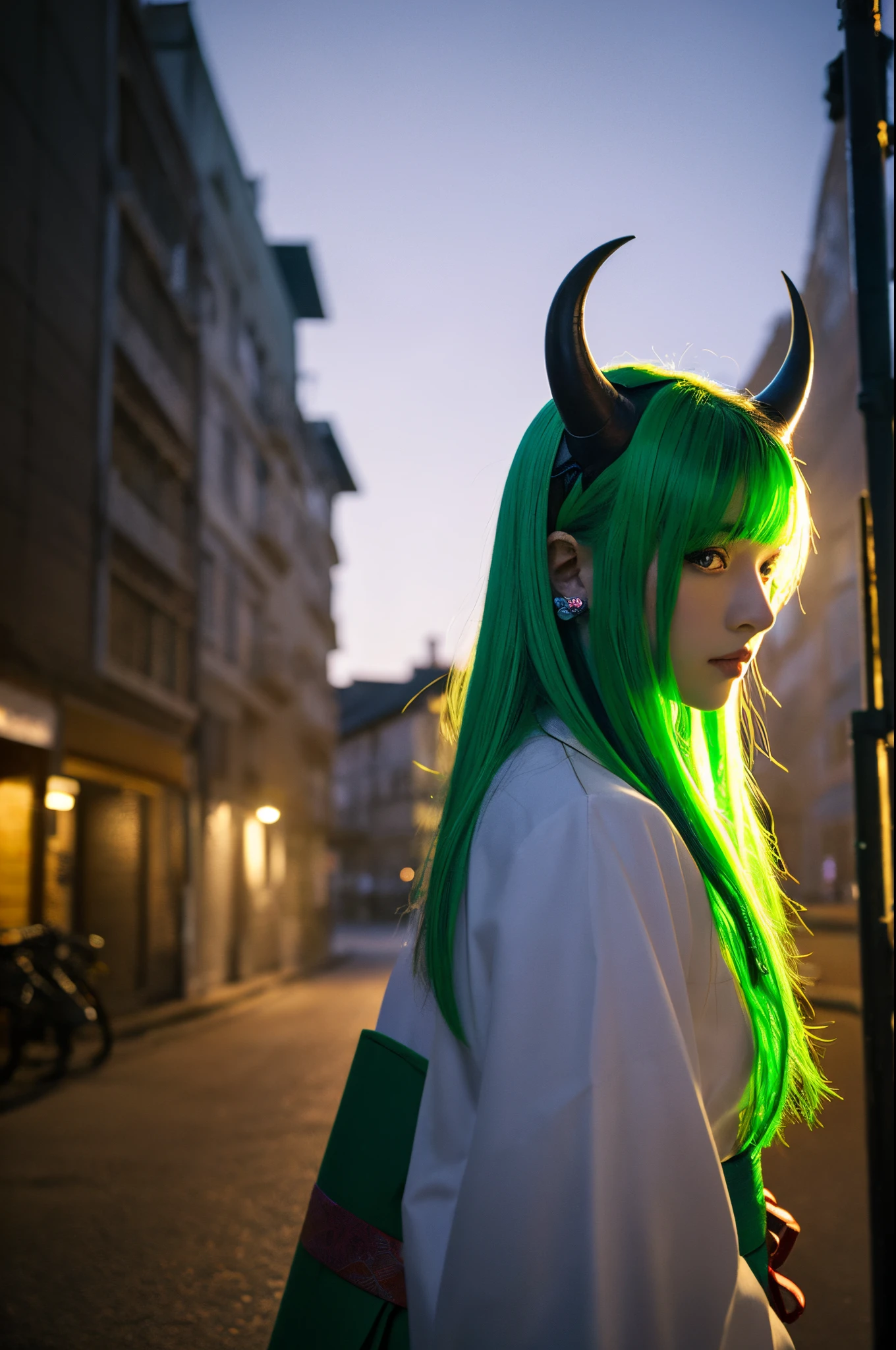 1girl, yamato_5000, white hair, green hair, gradient hair, horns, wanostyle, ring earrings, ((masterpiece)), ((best quality)), extremely detailed, bloom, kimono, traditional clothing, depth of field, sketch, dark intense shadows, sharp focus, soft lighting, darkness, good composition, solo, outdoors, night moon, from below, upper body, light from behind,