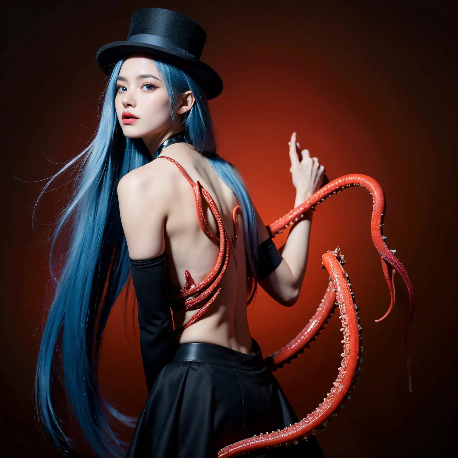 Two-dimensional girl,Long straight blue hair,blue color eyes,Wearing a black top hat,Wearing a brown suit,Wear a black skirt underneath,Wearing brown boots,There are four tentacles composed of red muscle tissue on the back.,The hand holds a sickle made of spinal blood vessels, muscle tissue and bones.