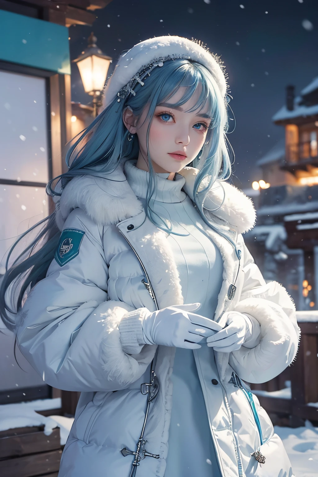 (masterpiece, highest quality),
It's snowing.
Composition of a woman standing under a snowy night sky. Her face is important.
Her eyes are bright green and her hair is light blue and white, long and fluffy.
She is wearing a down jacket and is putting on her gloves.