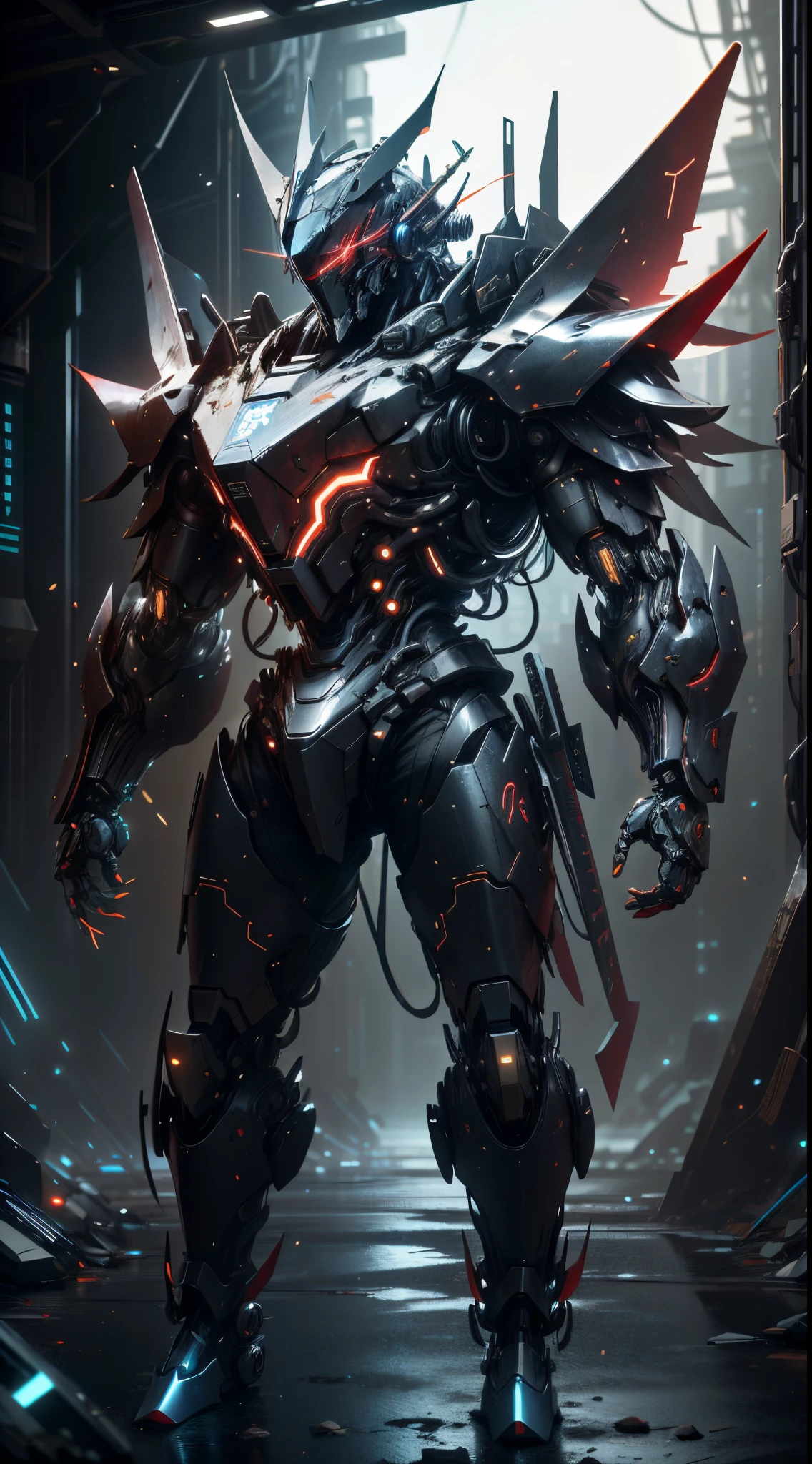 realistic,shiny,reflective,bioluminic, galactic cybernetic mask,mecha,(samurai:1.2)sh4g0d,GlowingRunes_red,fullbody,cinemnatic,dark background,back light,high contrast,