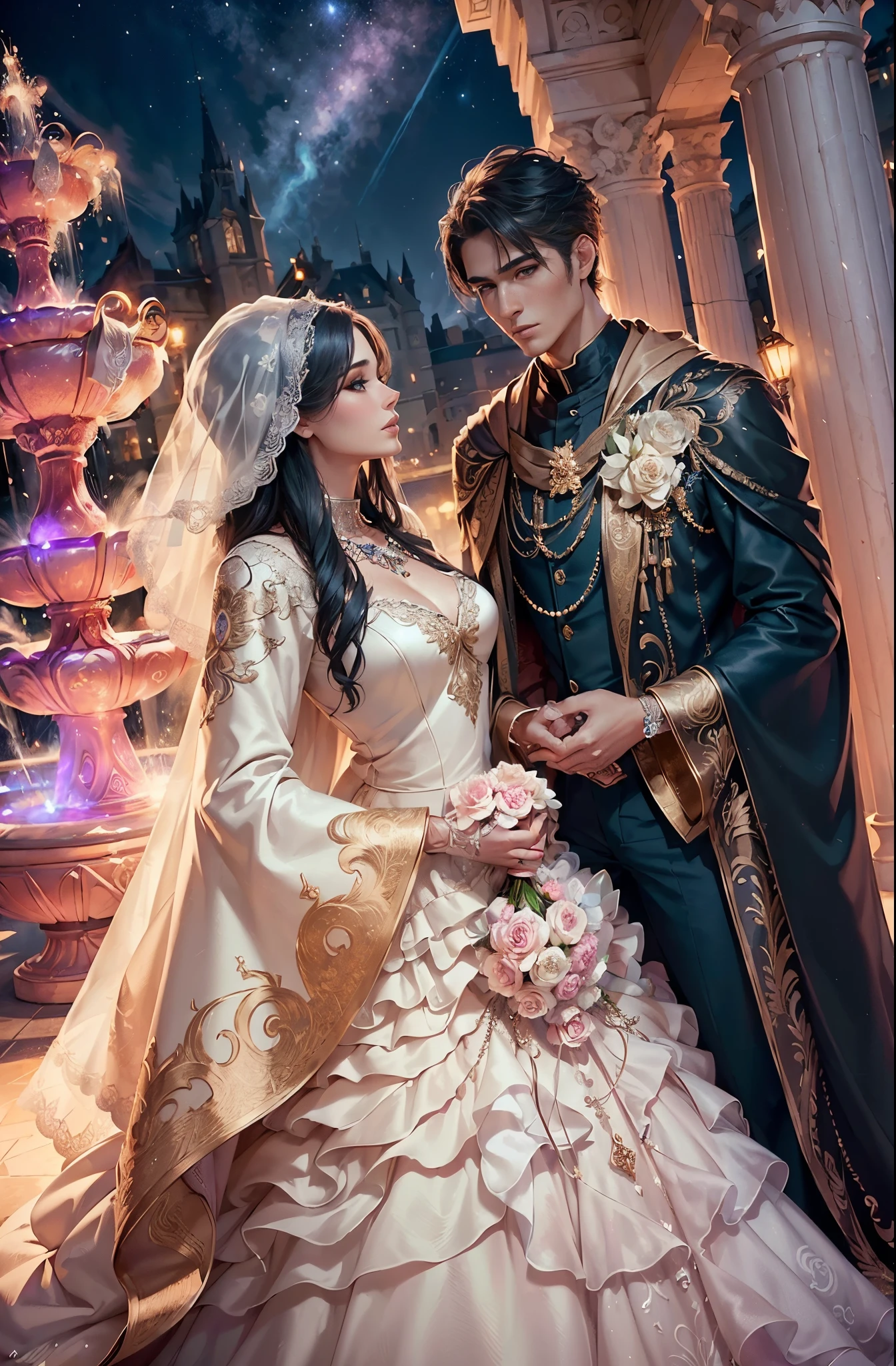 (generate a beautifull bride and a handsome groom, pre wedding photoshoot, holding waist, luxury fountain background, detail luxury wedding gown. flower decoration, (luxury cloak), beautifull night sky with comet on the sky, beautifull scene, beautifull face, pretty face, beautifull eyes, beautifull nose, raytracing, beautifull fingers, beautifull hands, (4 fingers in 1 hand), full body photoshoot, pretty makeup, perfect anatomy, good lighting, professional photoshoot, sharp eye, fresh lips