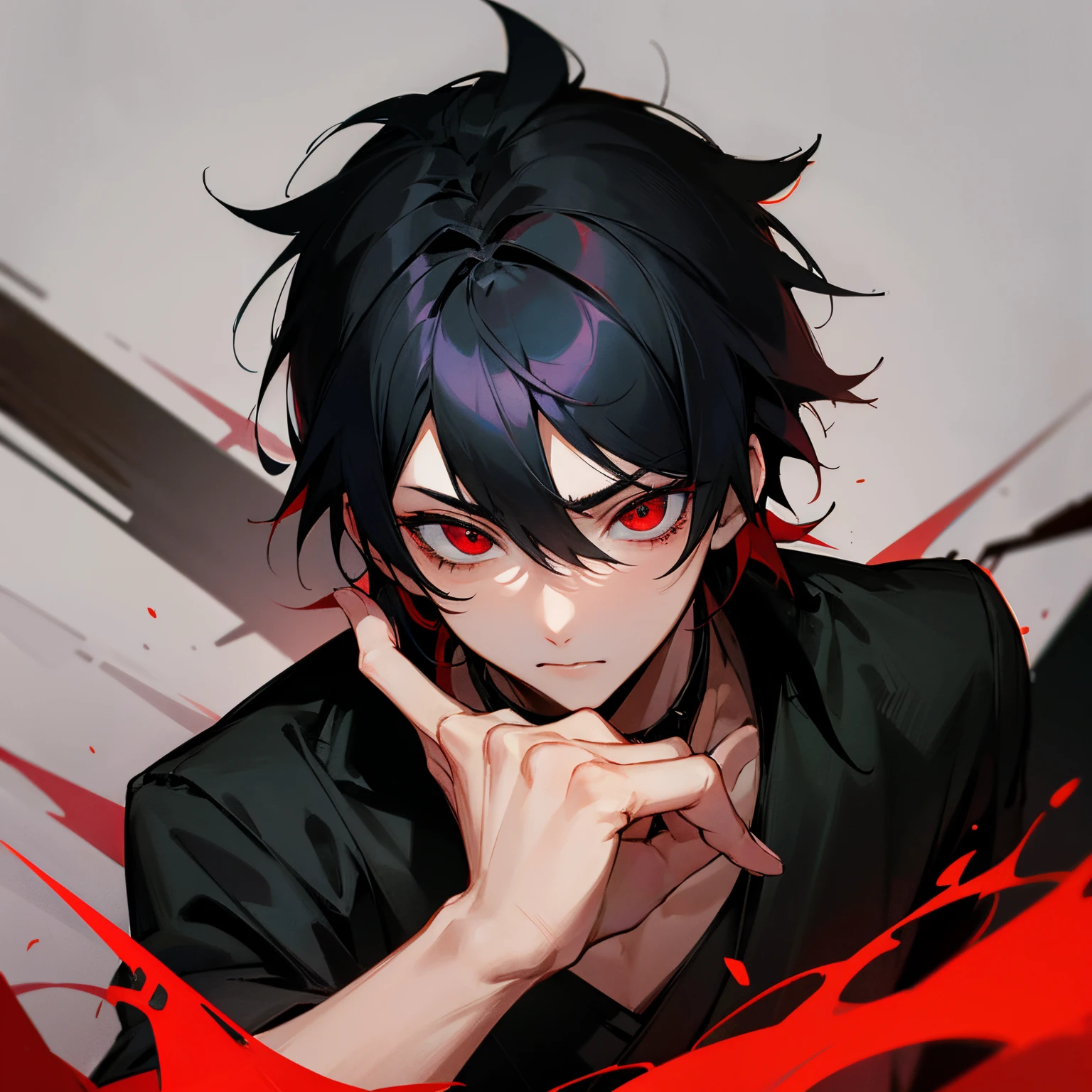 Man with black hair and red eyes