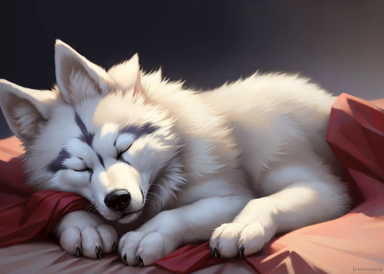 On the bed lay a white wolf，The bed was covered with white sheets, White Wolf anime, White wolf, Vampire White Wolf, White-haired wolf, Soft anime illustration, very very beautiful furry art, white wolf with blue eyes, A white wolf, White wolf, furry wolf, made with anime painter studio, Ethereal white wolf, soft anime, White background : 3，Furry。