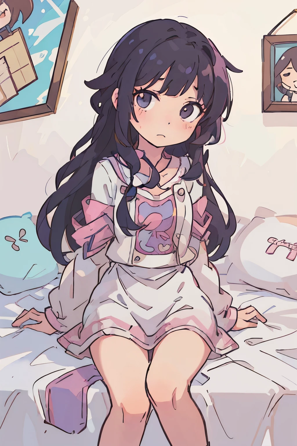 (Best Quality:0.8) perfect anime illustration, cute little, Longhaire、make - up、girl with、Bed made of mosaic、Cute clothes、Guibli
