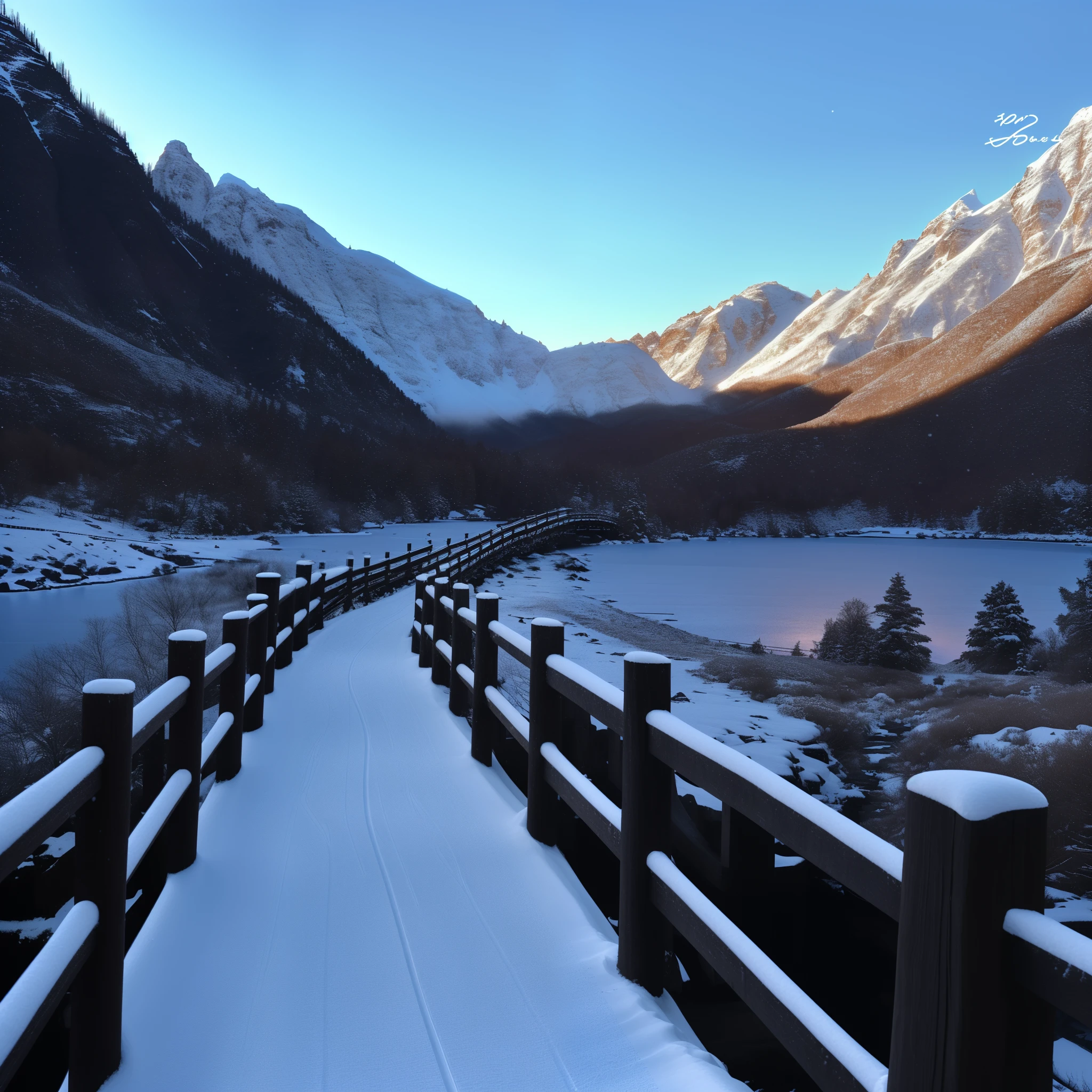 Snowy road leading to a mountain with a wooden bridge, 4 0 9 6, Cold but beautiful, peak, beautiful winter area, Snowy Land, cold environment, beautiful snowy landscape, Winters, bigger, frozen river, sprinkle snow, Snow canyon at dawn, Show on the, evergreen valley, (yuki), 2023 4k, winter setting, scenecy
