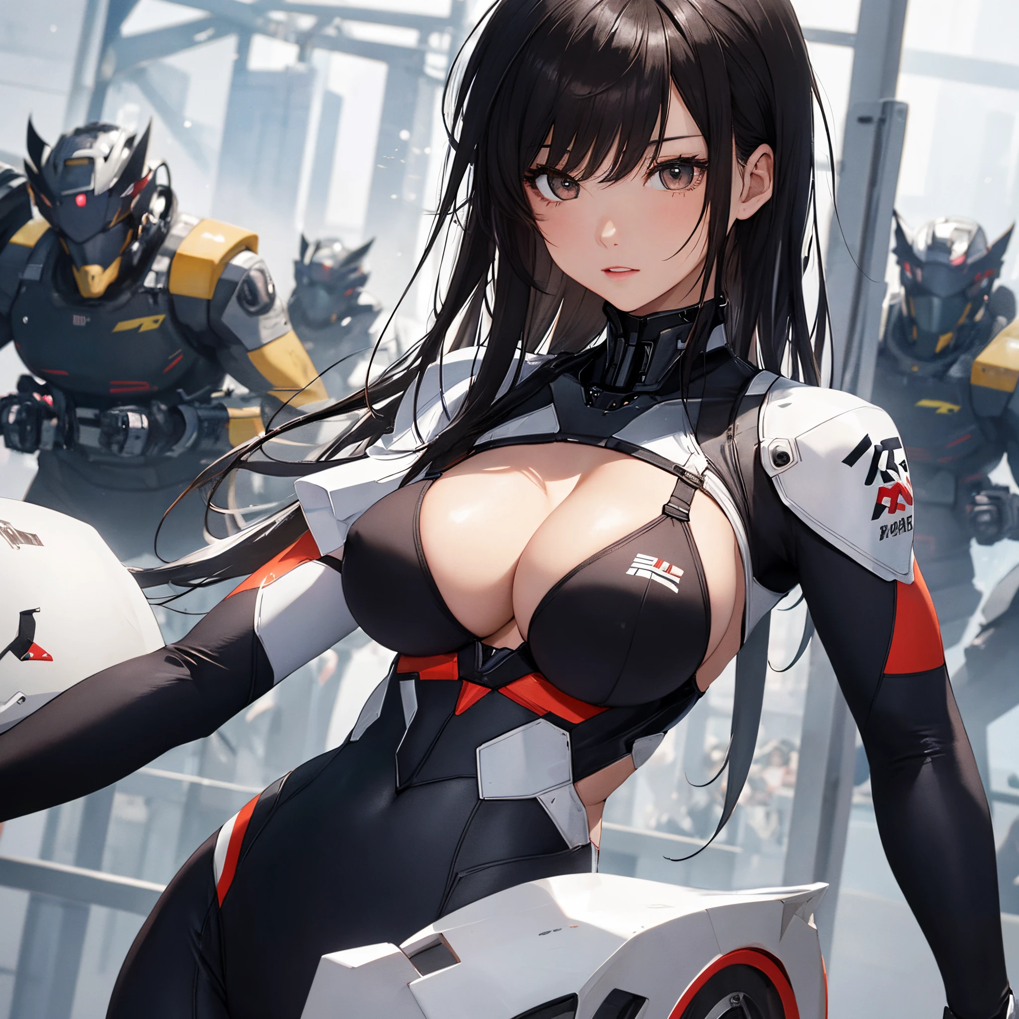 ​masterpiece、Top image quality、Black hair、Black bra、Colossal tits、mechs、animesque、8K,​masterpiece, bset quality,Colossal tits、（1girl in）、((Pit Girl Suit))、shinny skin、Shiny big、dark-brown eyes、 ((top-quality))、 Crisp focus:1.2、Highly detailed facial and skin texture、A detailed eye、face perfect、perfect bodies、art by、nffsw、Blur the background、japanes、Big breasts with a strong presence、Circuit field、Blur the background、Cowboy Shot、