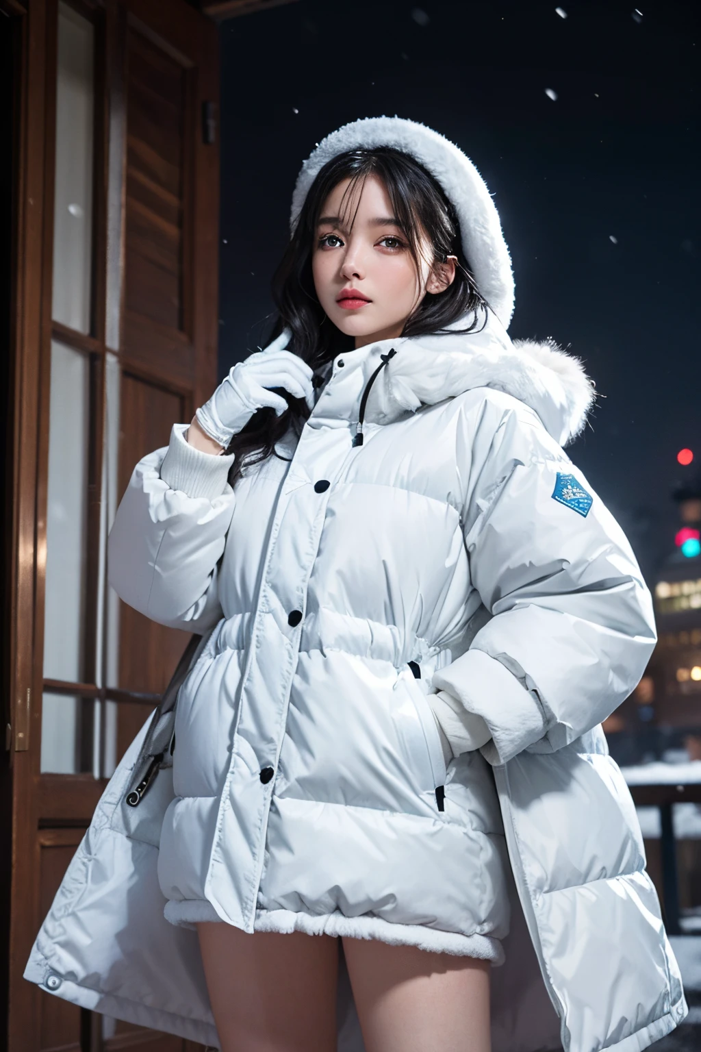 (masterpiece, highest quality),
It's snowing.
Composition of a woman standing under a snowy night sky. Her face is important.
Her eyes are bright green and her hair is light blue and white, long and fluffy.
She is wearing a down jacket and is putting on her gloves.