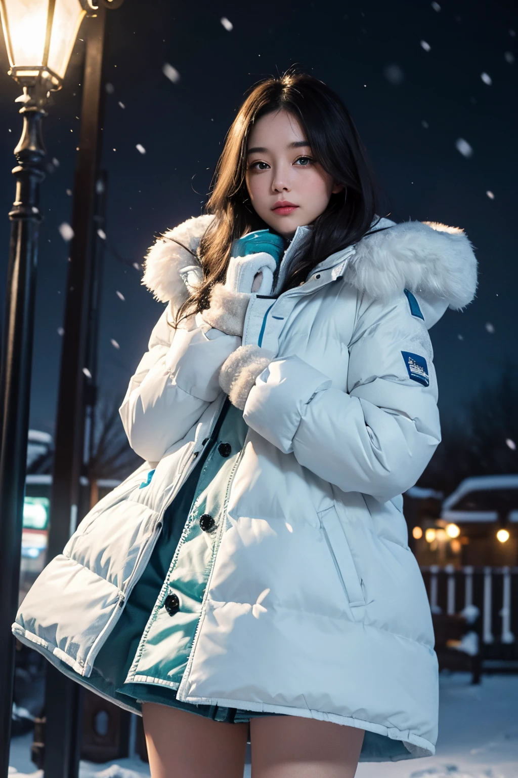(masterpiece, highest quality),
It's snowing.
Composition of a woman standing under a snowy night sky. Her face is important.
Her eyes are bright green and her hair is light blue and white, long and fluffy.
She is wearing a down jacket and is putting on her gloves.