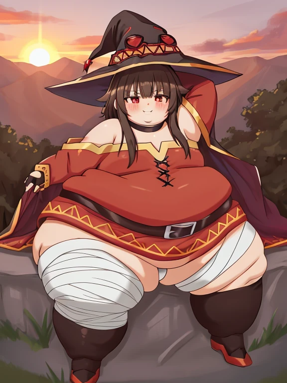 Fat Megumin, Crazy Wizard, 1 Girl, Solo, Witch Hat, Brown Hair, Long Short Hair, Red Eyes, Blush, Evil Smile, Black Choker, Obese Body, Clavicle, Flat Chest, Fat Arms, Chunky Girl, fat arms, thick thighs, Off-Shoulder Dress, Red Dress, Obese , Big Cheeks,Brown Cloak, Long Sleeves, Black Gloves, Fingerless Gloves, Brown Belt, Gold Trim, (Asymmetrical legs: 1.4), unmatched legwear, (bandaged legs: 1.3), sunset background, high quality, high resolution. ((outdoors)), presenting armpit, nipples, obese body
