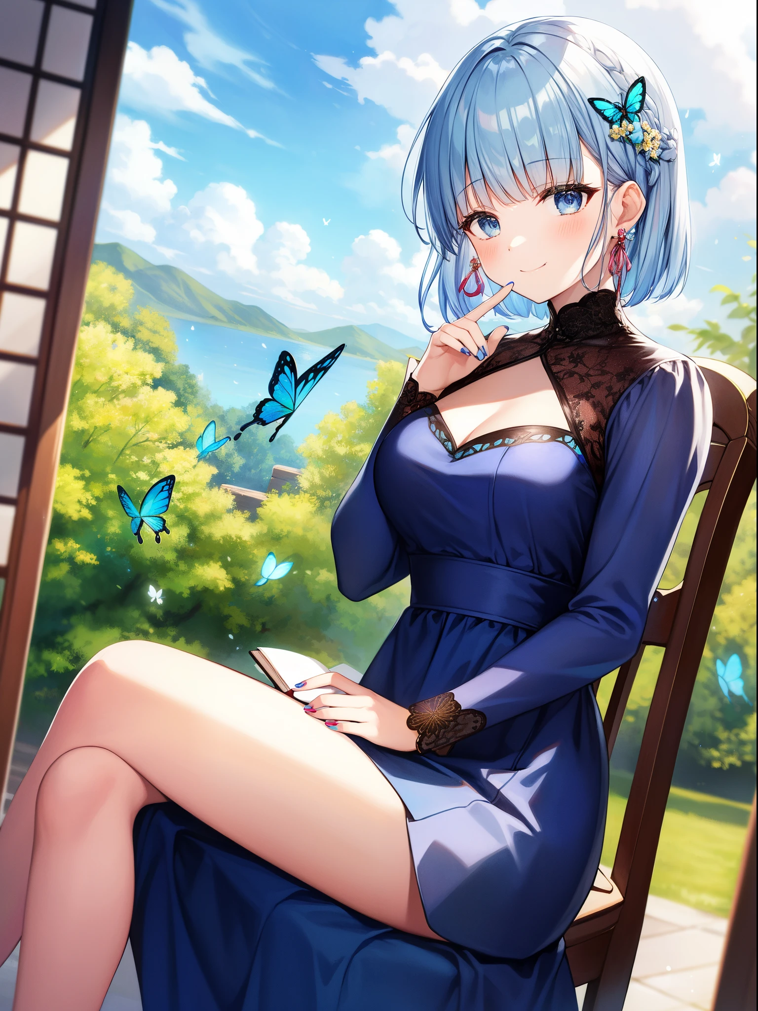 (Realistic painting style:0.9),(faux traditional media:1.0), masterpiece, best quality,bokeh, depth of field, looking to the side, kamisato ayaka (springbloom missive), kamisato ayaka, official alternate hairstyle, official alternate costume, blunt bangs, butterfly hair ornament, hair flower, blue dress, 1girl,girl sitting on a chair,butterfly, grey eyes, flower, hair ornament, light blue hair, outdoors, solo, sky, blue nails, cloud, bangs, long sleeves, holding, looking at viewer, blue butterfly,braid, dress, day, blue sky, breasts, medium breasts, cloudy sky, blush, index finger raised, blue flower, smile, closed mouth, holding open book,tarot,green background,