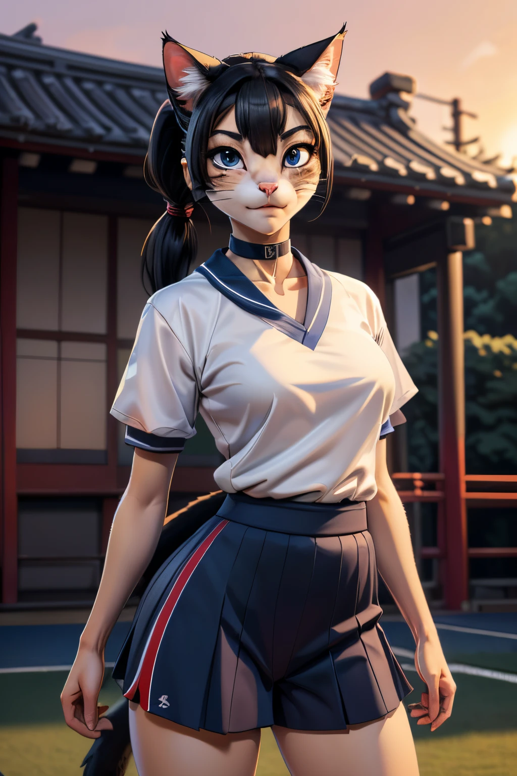 ((ultra quality)), ((tmasterpiece)), Girl-khajiit, Japanese school girl, anthro cat, furry, ((No ears)), ((black long hair tied into a ponytail)), ((there are only cat ears)), ((There is a cat's long tail in the back)), Beautiful cute face, beautiful female lips, charming beauty, ((Kind expression on his face)), looks at the camera with his eyes slightly closed, ((Skin color: white)), ((there is cat hair on the body)), Body glare, ((detailed beautiful female eyes)), ((kblack eyes)), beautiful female hands, ((perfect female figure)), ideal female body shapes, Beautiful waist, big thighs, Beautiful butt, ((Subtle and beautiful)), seductively worth it, ((dressed in Japanese school sports uniform, dark blue sports shorts, white tshirt, dark blue knee socks, white and blue sneakers, black choker around the neck), background: The Japanese School, school gym, beautiful red sunset outside, ((Depth of field)), ((high quality clear image)), ((crisp details)), ((higly detailed)), Realistic, Professional Photo Session, ((Clear Focus)), ((cartoon)), the anime, NSFW