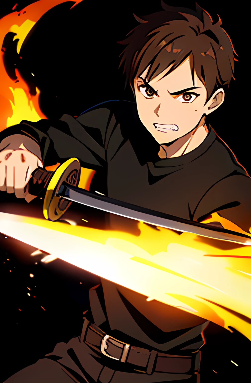 Anime character with bloody face, Brown eyes, dressed in black pants, black shirt with traces of blood, holding a katana sword in his right hand, flames appear around the katana, the guy raises his hand to strike, clenched teeth, dark brown hair with bangs