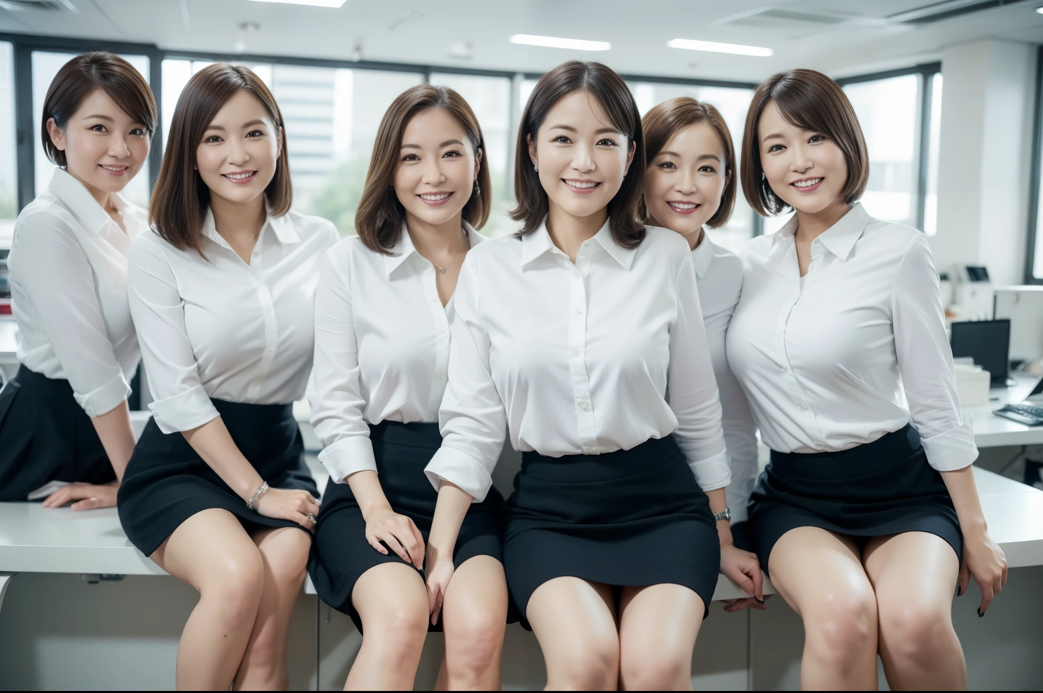 ((Best Quality, 8k, Masterpiecedetails, ultra-high resolution)), (group picture), (looking at the viewer), (fmiddle shot:), attractive business 5 milfs, 5 people, a bit chubby:0.25, white collared shirt, grey skirt, (sitting with cross legs on office desks)), smile, office of CEO,