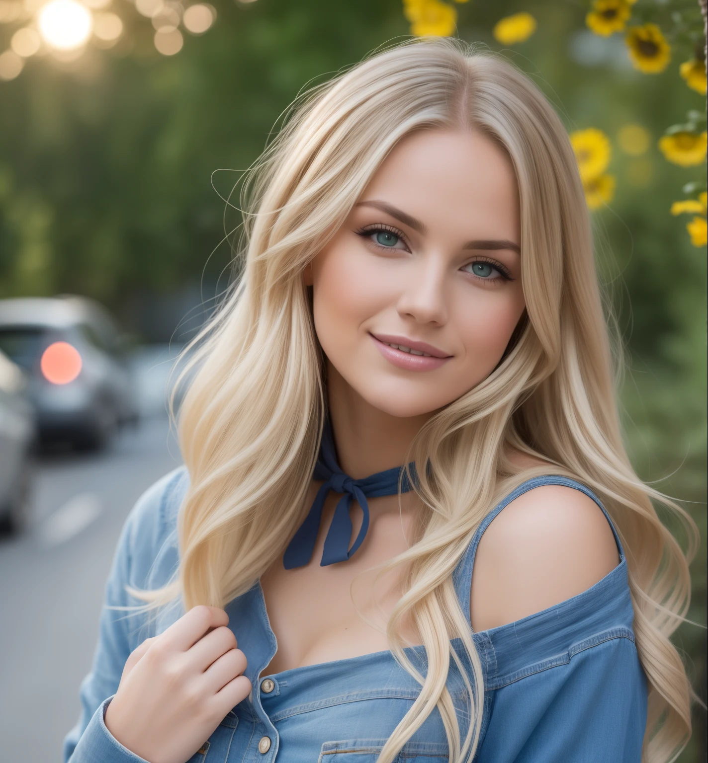 A young and beautiful woman, blondes Haar, that gently falls in waves up to the shoulders, medium height, Size, green eyes, helle Haut, She wears a blouse with cleavage, on a busy road, she is smiling., shows the teeth, There are people in the background of the picture, it's spring, the street is flowery, The sun shines on your back and makes your hair shine, Sein Antlitz ist von Natur aus heiter, Lippen mit hellrosa Lippenstift, 8K-Textur, sehr detailliert, Realist, weiches kinoreifes Licht, HDR, Scharfer Fokus, Meisterwerk, fotorealistisch, award-winning photography, Canon EOS R5, 35 mm.