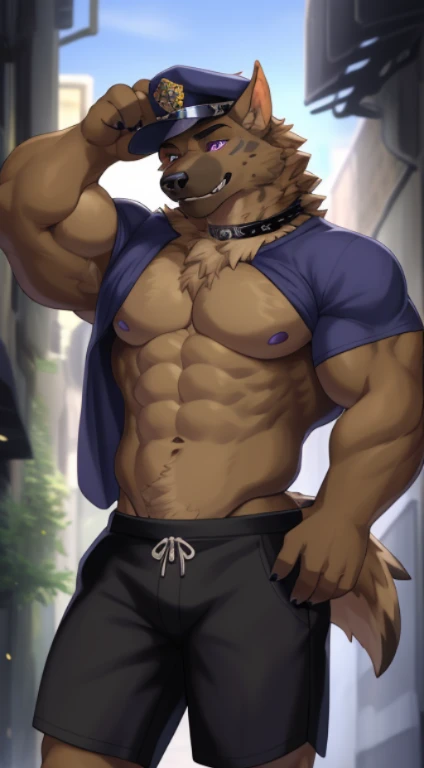 独奏,german shepherd orc,midynight,Hazen,brown abdomen,Dark skin, (fine fluffy fur, Delicate fur texture:1.2), male people, 独奏, Muscle tissue,musculous, Police cap,Black shorts:1, end, detailedbackground, Laneway background, realistically, ultra real photo,Correct human proportions, ultra - detailed,(put shirt in mouth,Exposing the abdomen),ssmile,Handsome,sharp talons,purpleeyes,Be controlled,drools,collars,face flushed,詳細な目