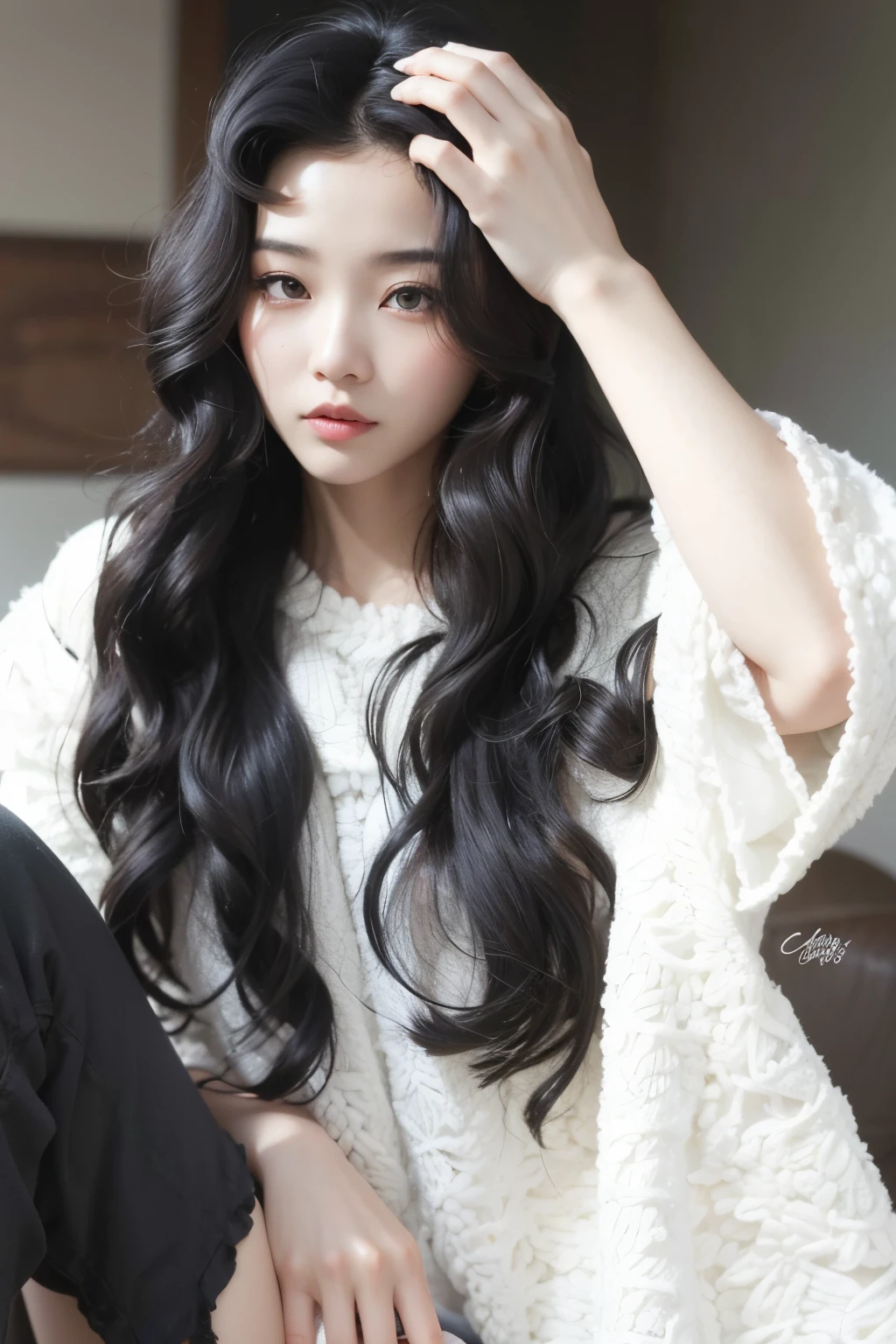 um close up de uma mulher com cabelos longos sentada em uma cadeira, cabelos pretos longos ondulados, Ulzzang, longos cabelos negros ondulados, com cabelos longos, ondulado longo - comprimento cabelo preto, Asian girl with long hair, cabelo preto ondulado, longos cabelos negros encaracolados, mulher coreana jovem bonita, cabelo ondulado preto, preto longo cabelo encaracolado longo, com longos cabelos cacheados, menina coreana
